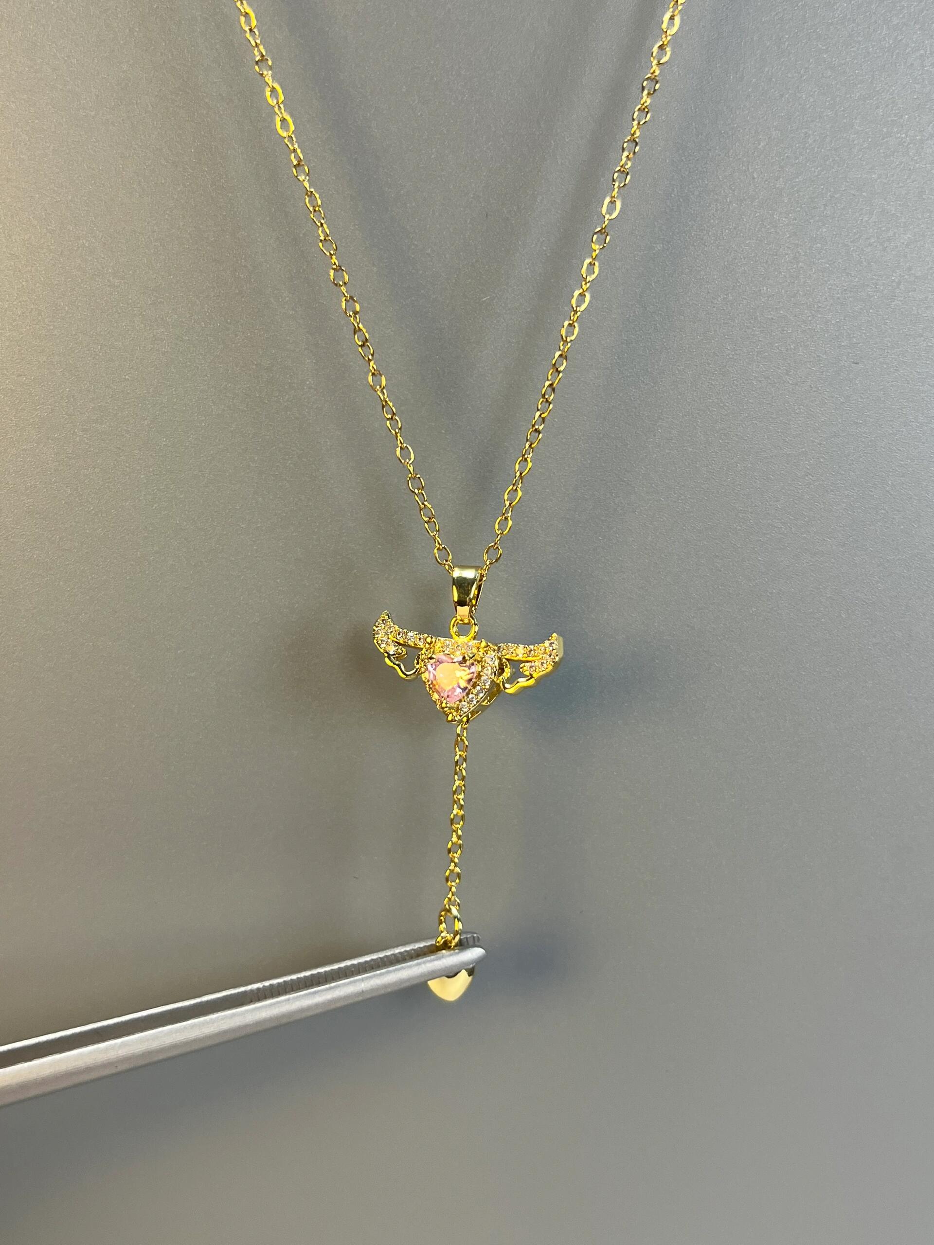 Gold Pink Angel Heart Fidget Necklace