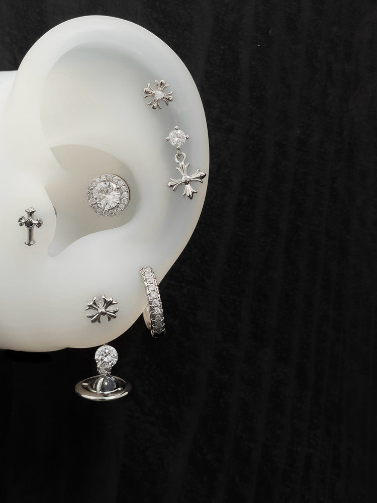 Black & White Crystal Cross Titanium Mini Tragus Stud Earring