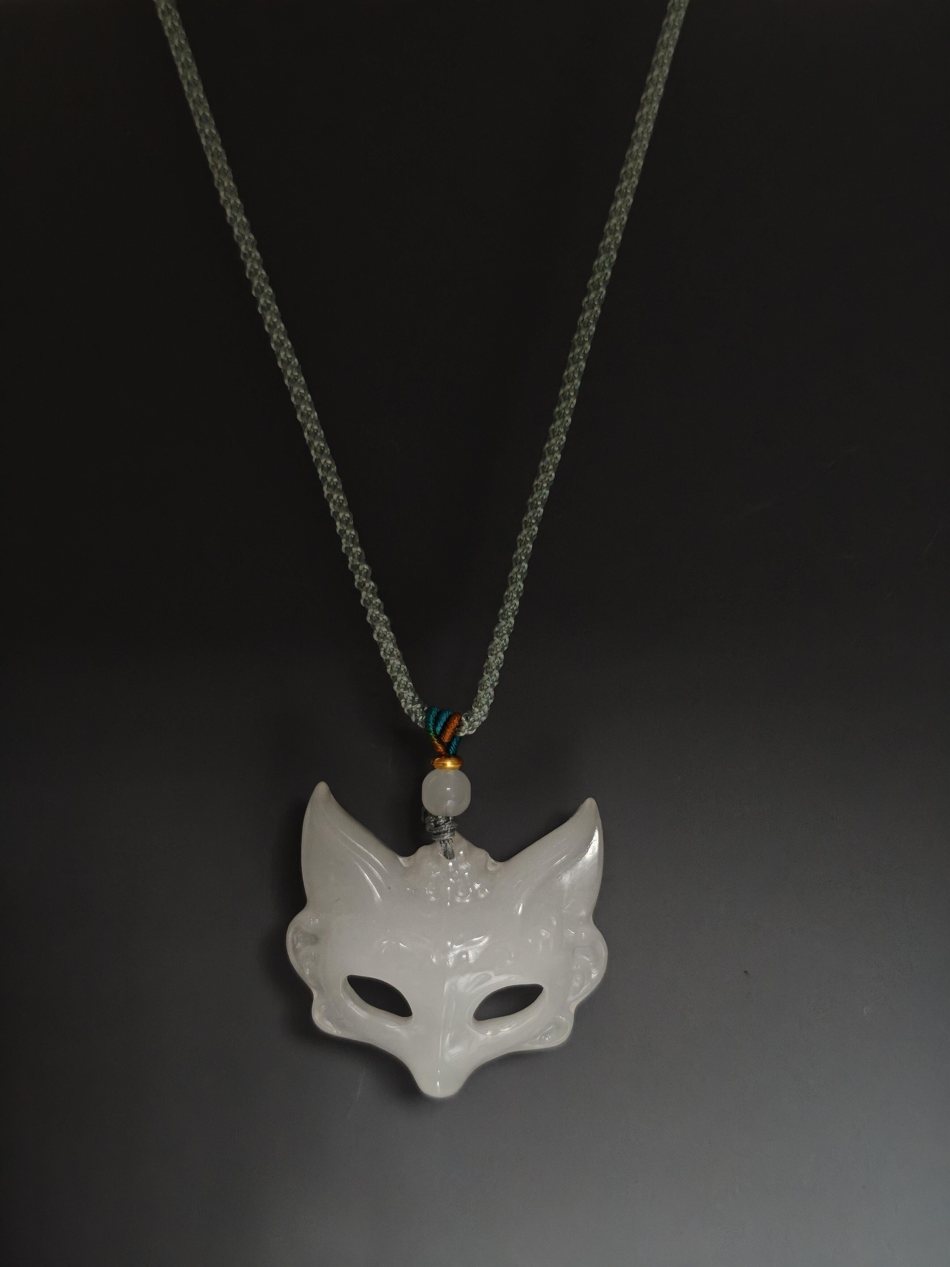 White Jade Fox Mask Pendant Necklace
