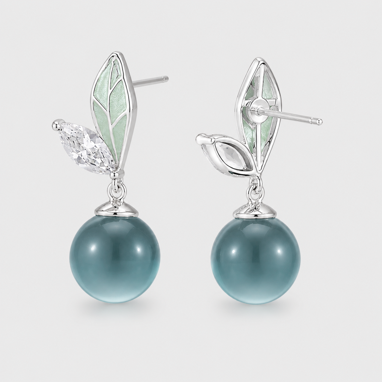 Dainty Mint Pearl Leaf Earrings
