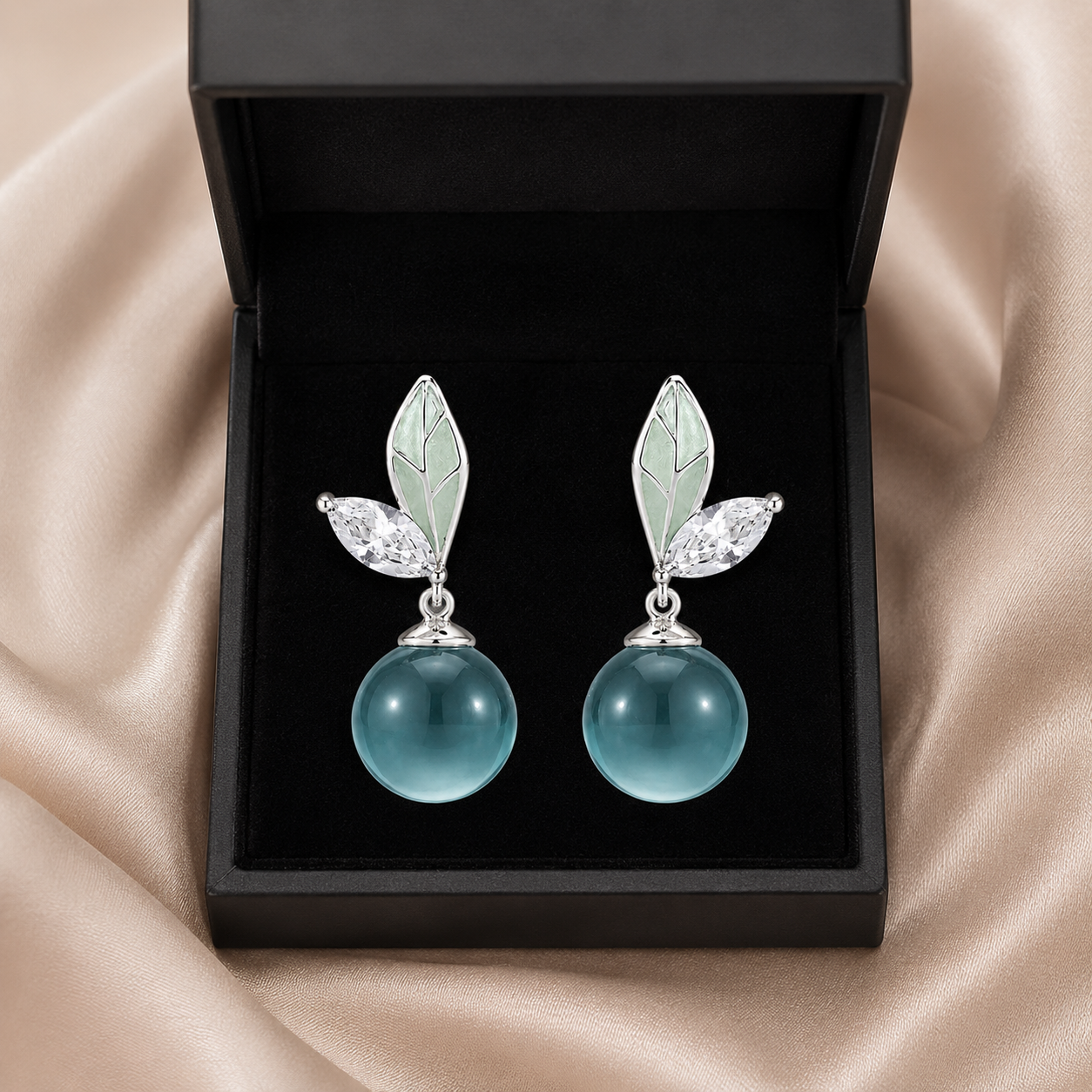 Dainty Mint Pearl Leaf Earrings