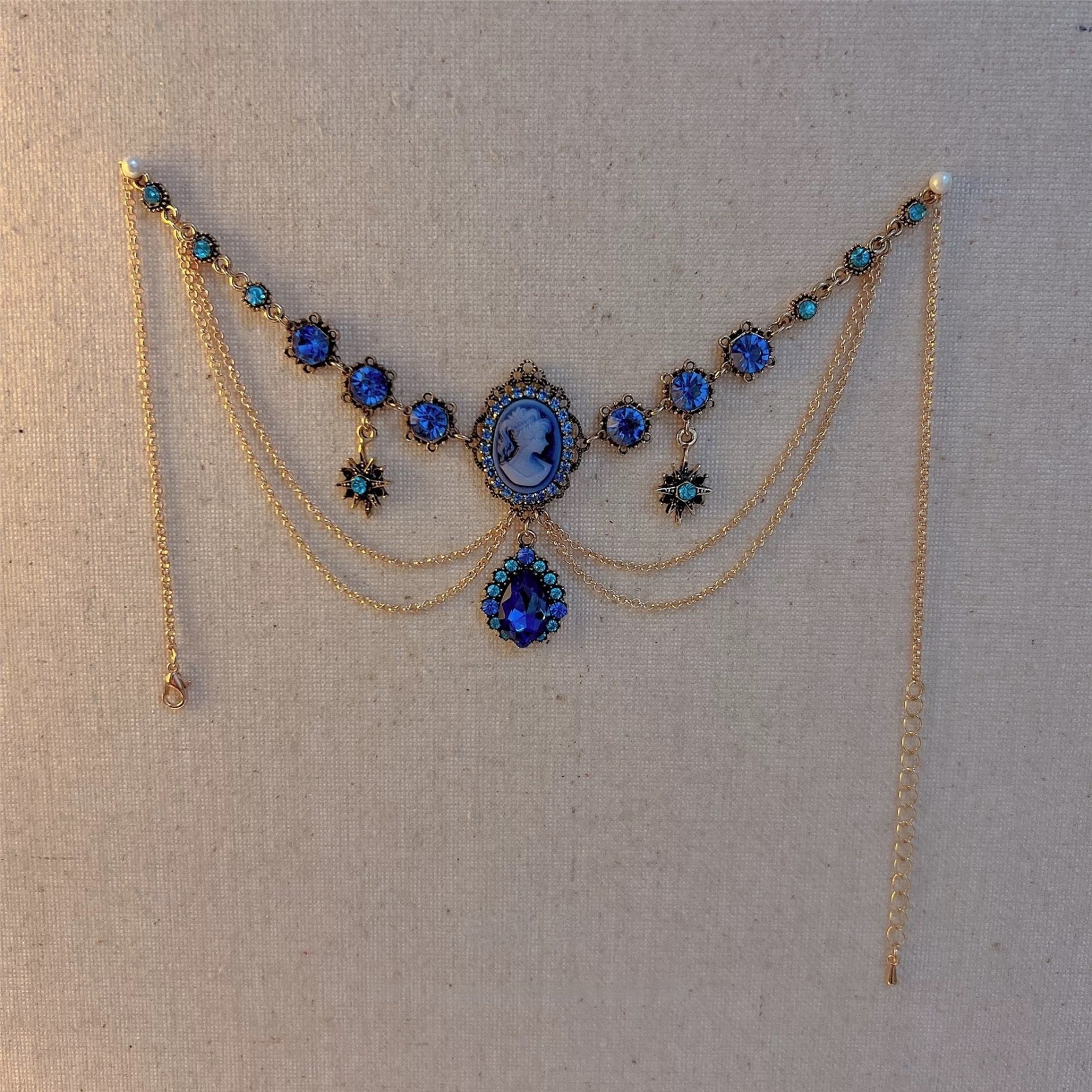 Gold Victorian Blue Teardrop Necklace