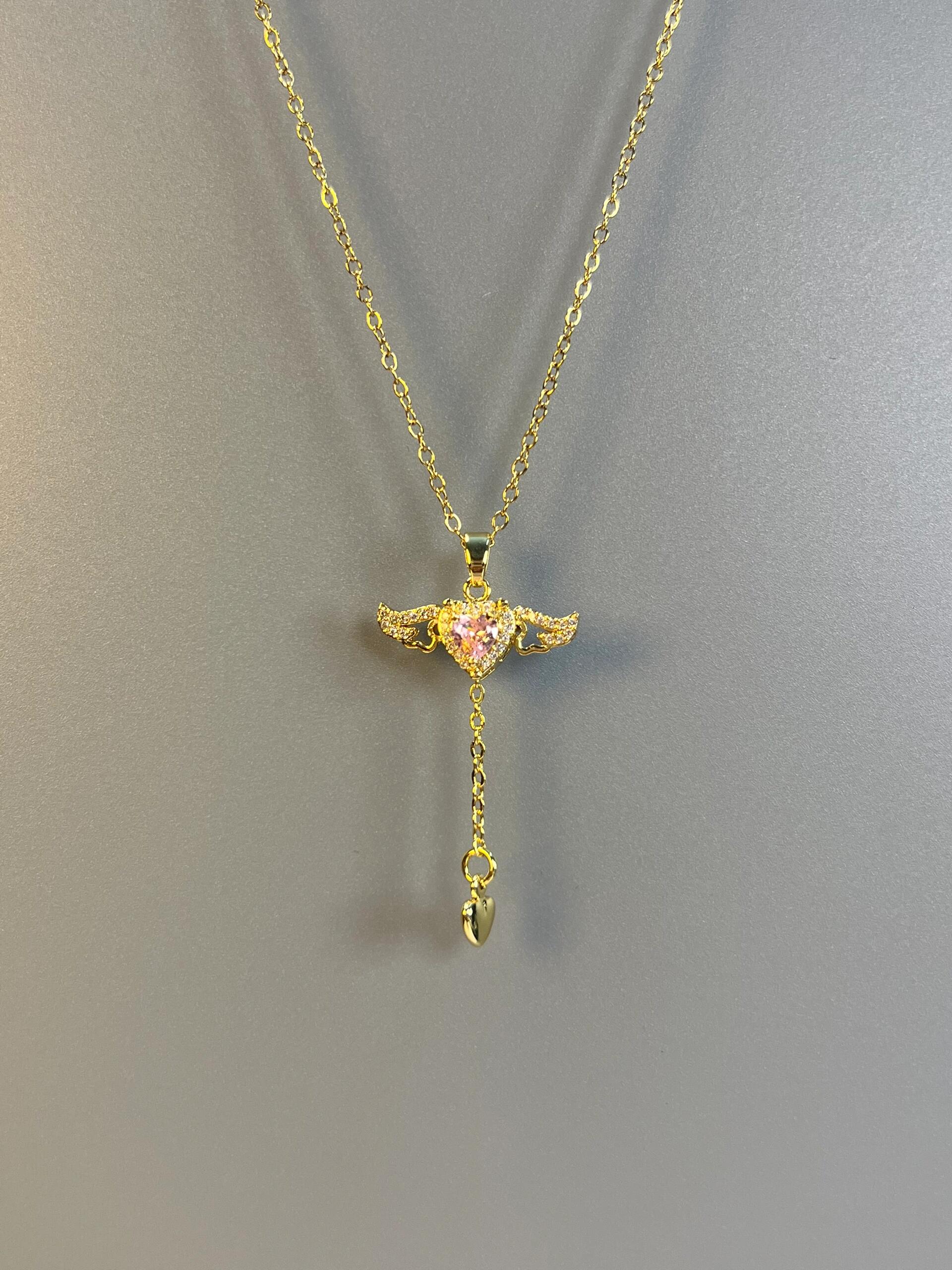Gold Pink Angel Heart Fidget Necklace