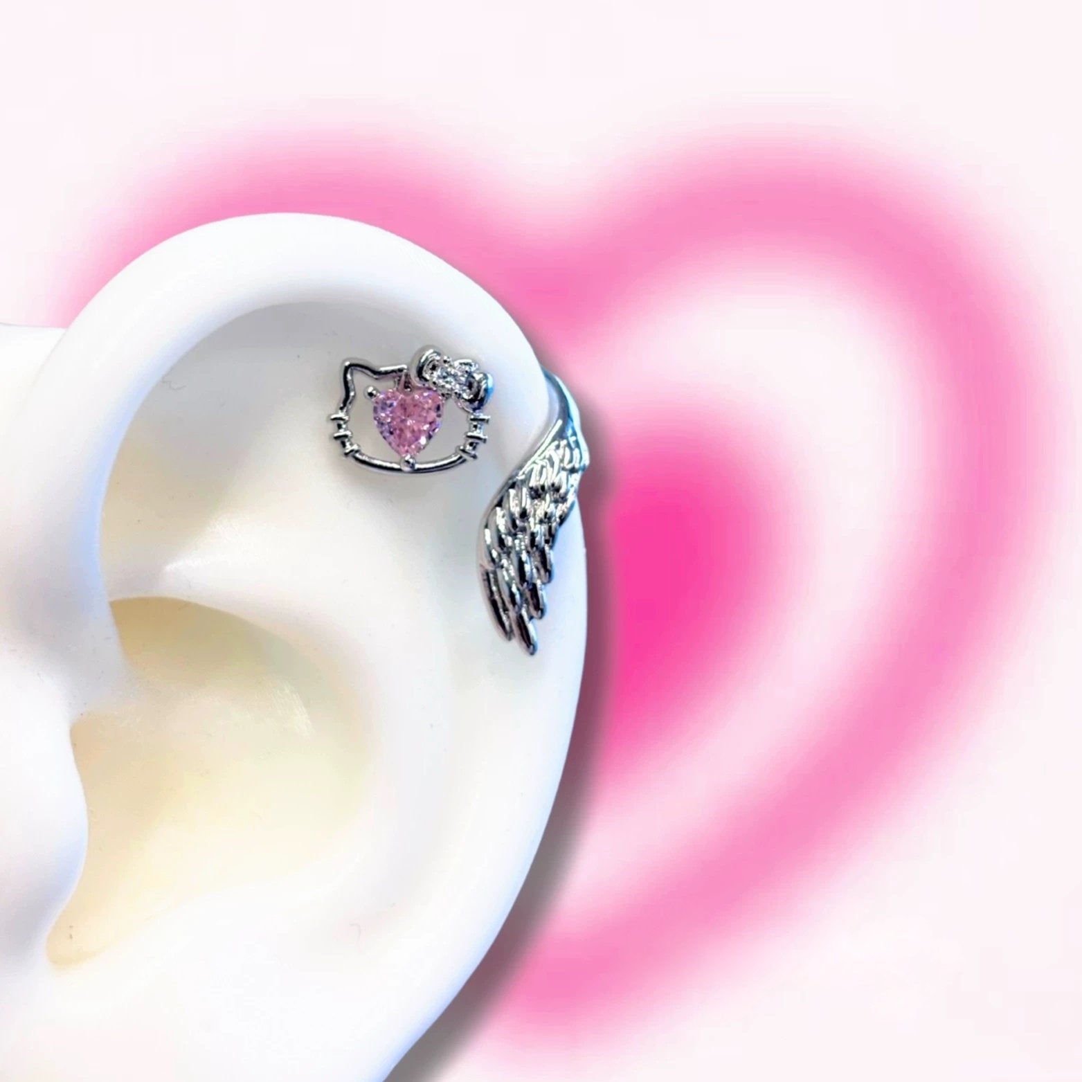 H Kitty Pink Heart Wings Helix Earrings