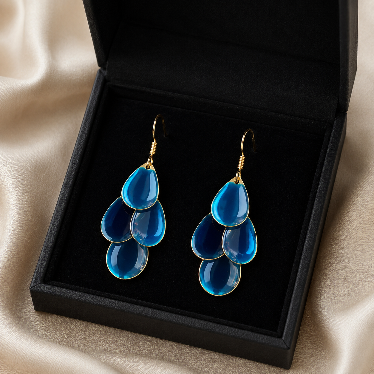 Layered Ocean Blue Petal Drop Earrings