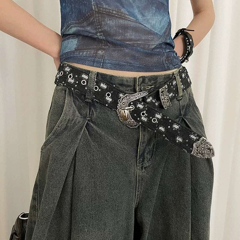 Retro denim design belt female personality y2k old American style with jeans belt decorative belt tide