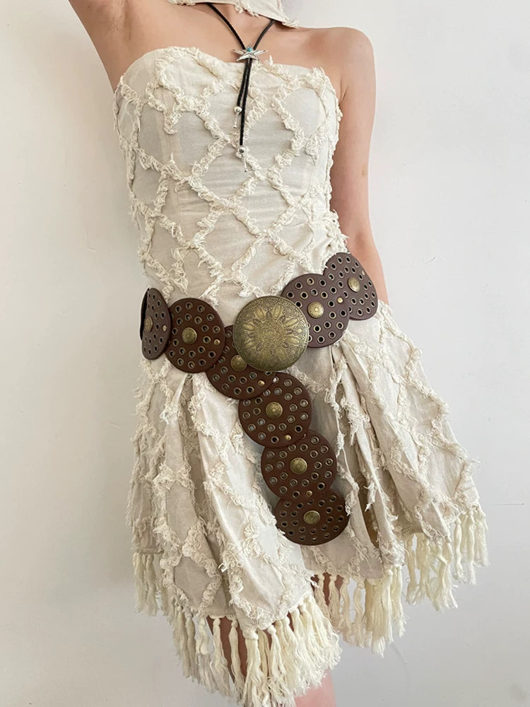 American vintage round hollow-out waist enclosed dress 2026 new summer bold accessories European and American belt trendy style