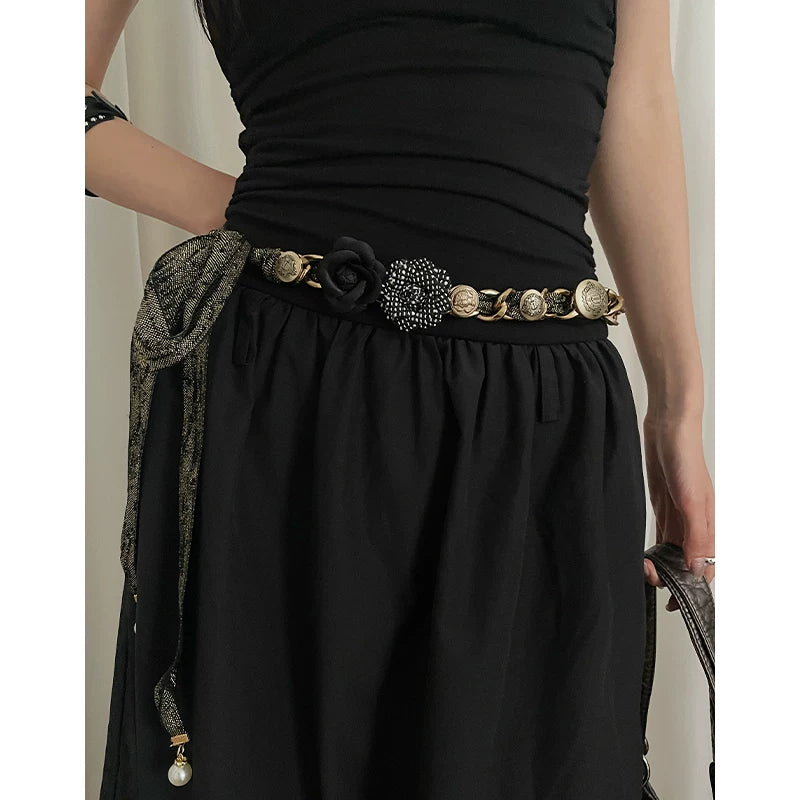 Wasteland bohemian flower belt women's 2026 new decorative skirt high-end design waist black