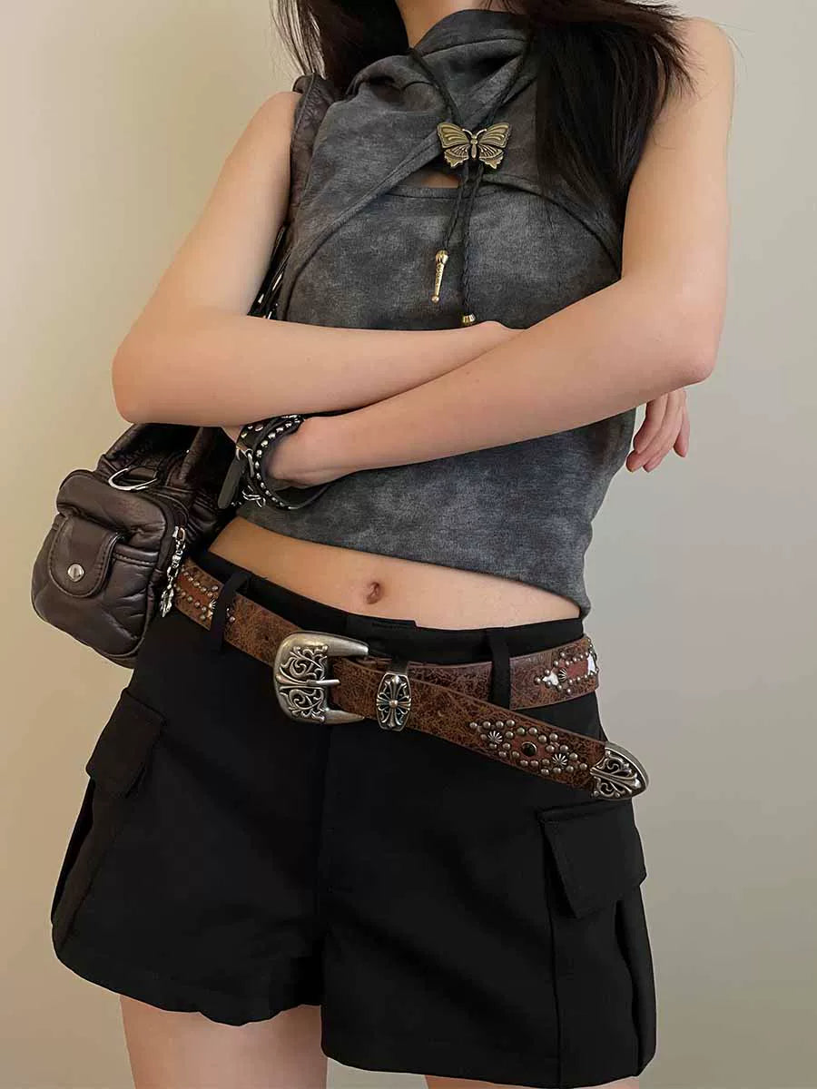 Vintage brown studded belt for women, Korean style fashion versatile new jeans accessory, high-end slimming belt trendy