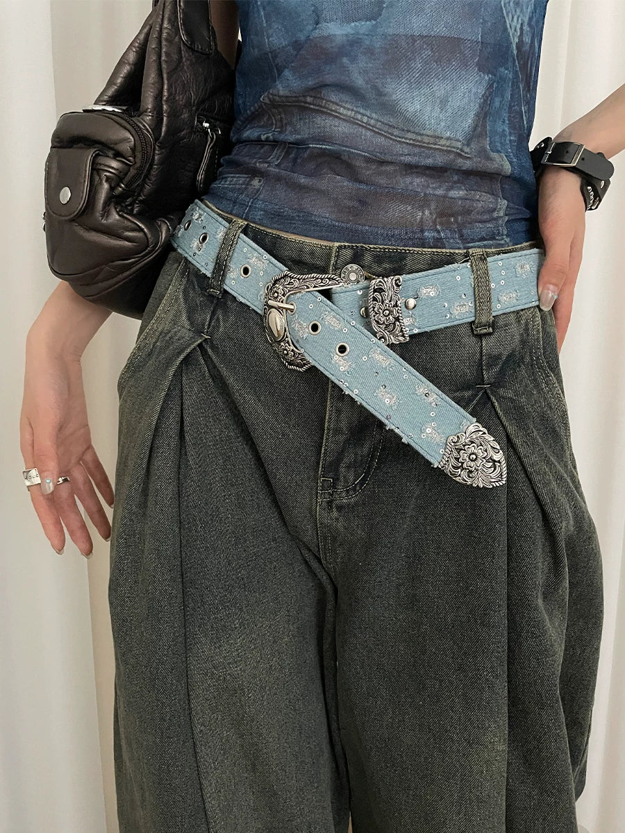 Retro denim design belt female personality y2k old American style with jeans belt decorative belt tide