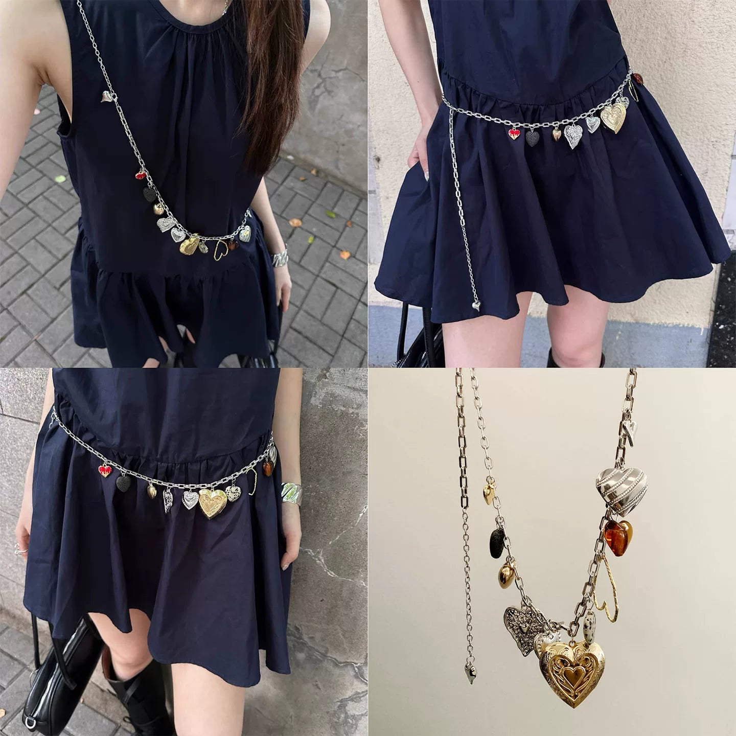 Vintage design multi-element heart waist chain for women, niche and unique, sweet and cool long necklace, versatile slimming belt trendy