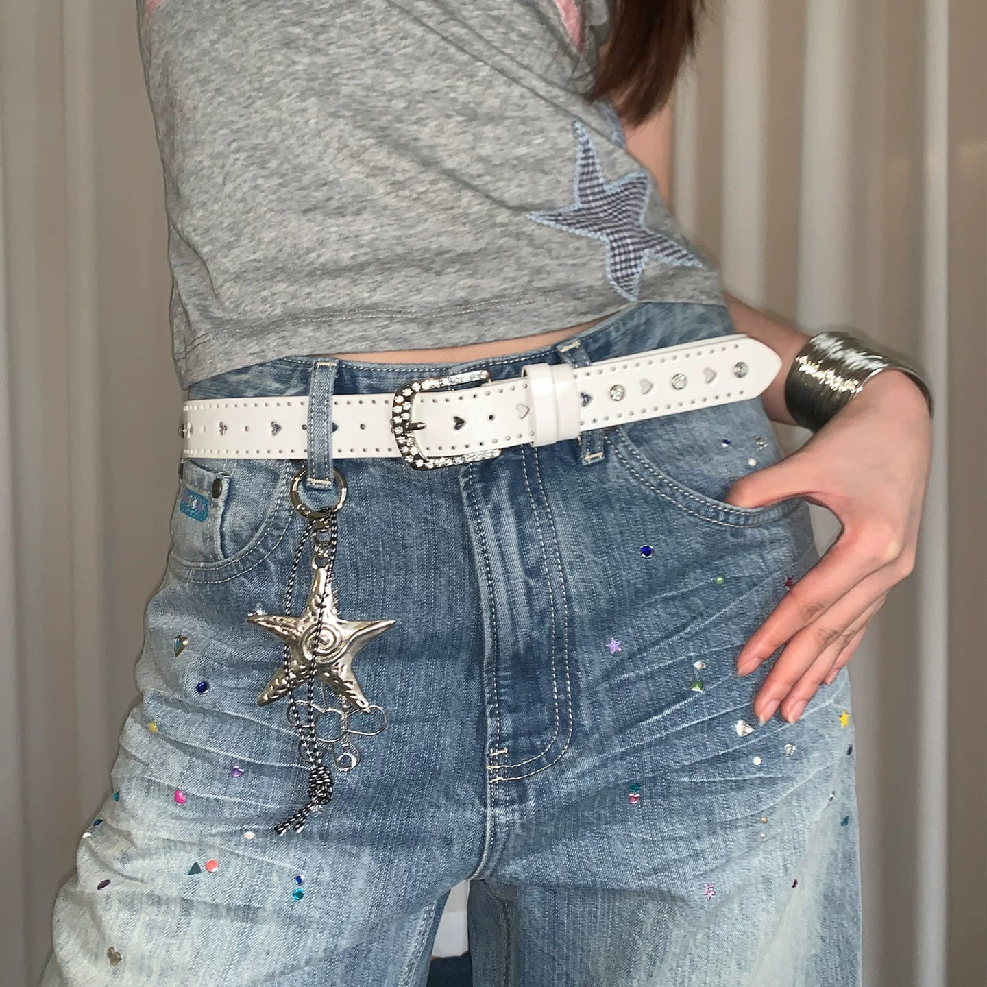Blue millennial style y2k thin belt women's niche Spice Girl style with jeans belt, no punching punk style belt
