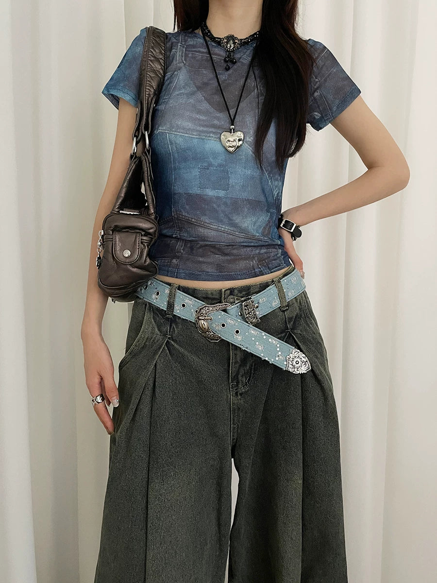 Retro denim design belt female personality y2k old American style with jeans belt decorative belt tide