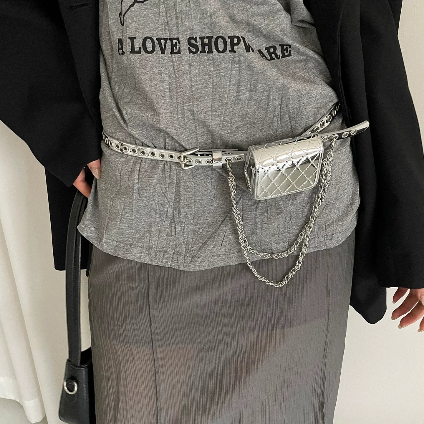 Korean style high-end no-drill belt chain waist bag accessory design jeans belt belt women's decorative hanging bag