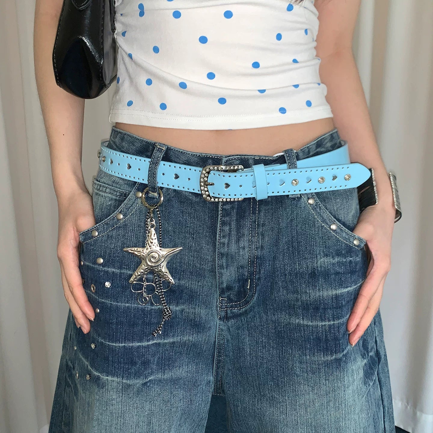 Blue millennial style y2k thin belt women's niche Spice Girl style with jeans belt, no punching punk style belt