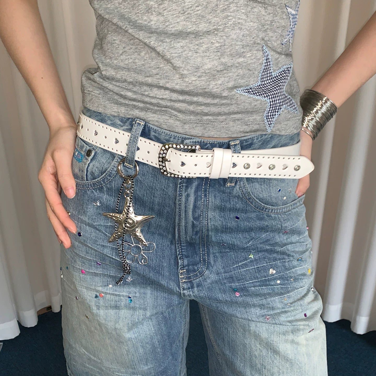 Blue millennial style y2k thin belt women's niche Spice Girl style with jeans belt, no punching punk style belt