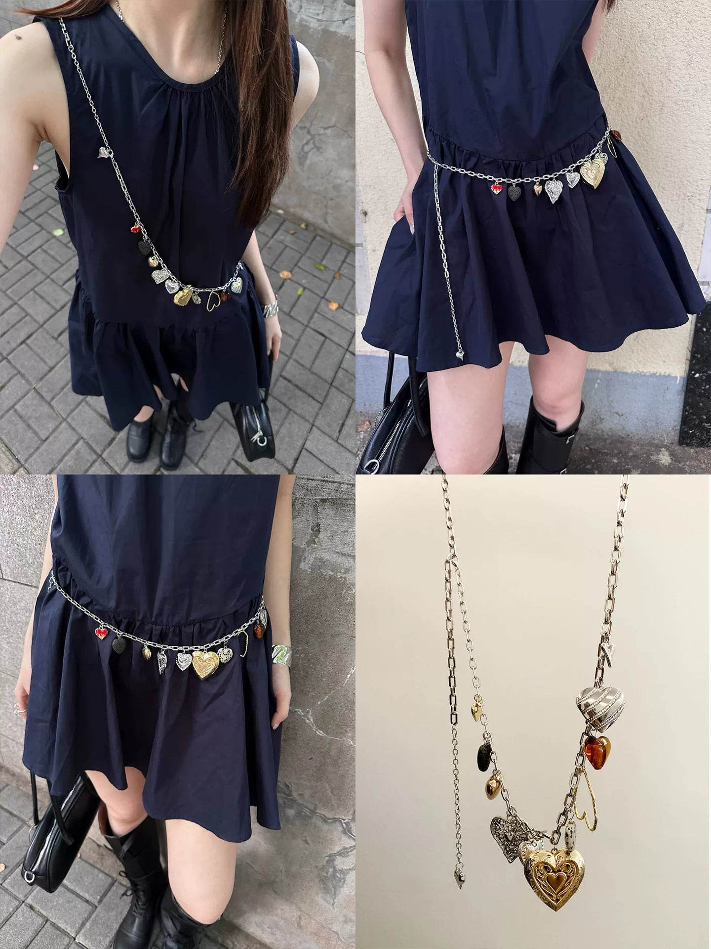 Vintage design multi-element heart waist chain for women, niche and unique, sweet and cool long necklace, versatile slimming belt trendy