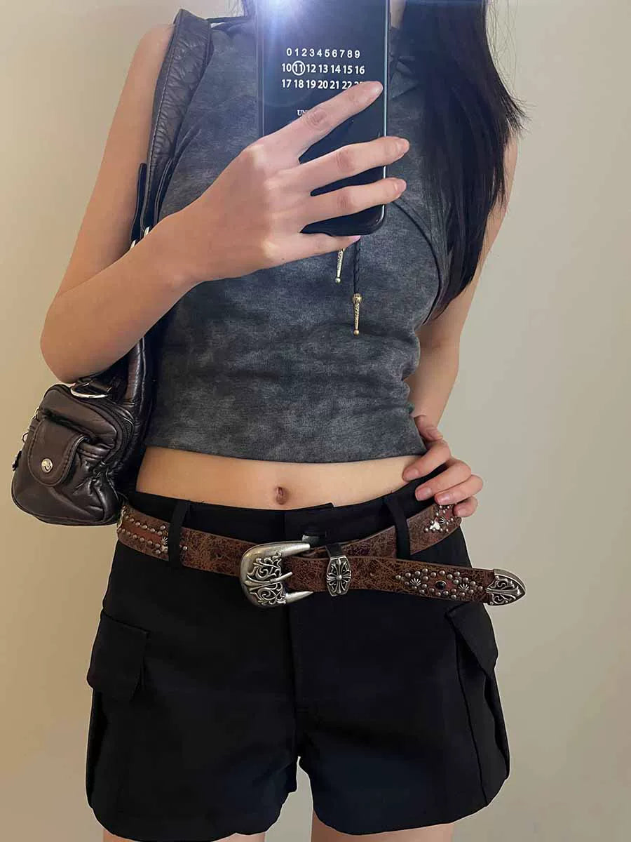 Vintage brown studded belt for women, Korean style fashion versatile new jeans accessory, high-end slimming belt trendy