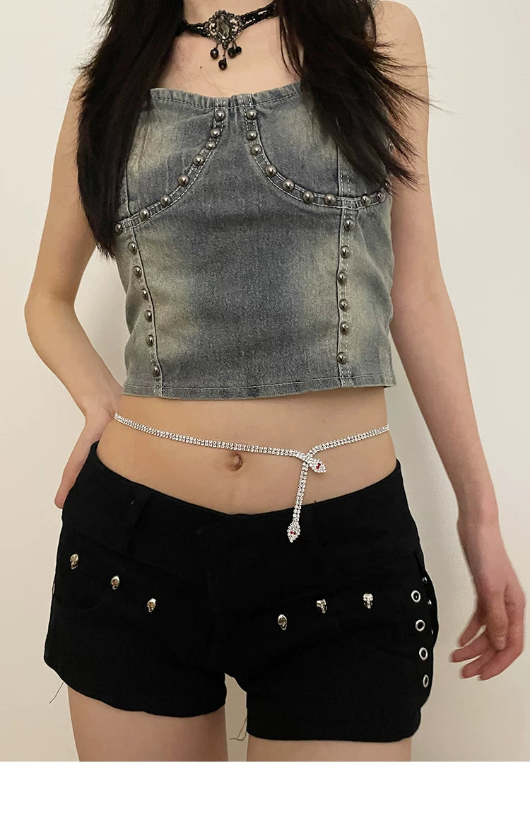 Spice girl wind serpentine flash diamond rhinestone waist chain summer beach sexy belt accessories y2k millennium wind chain