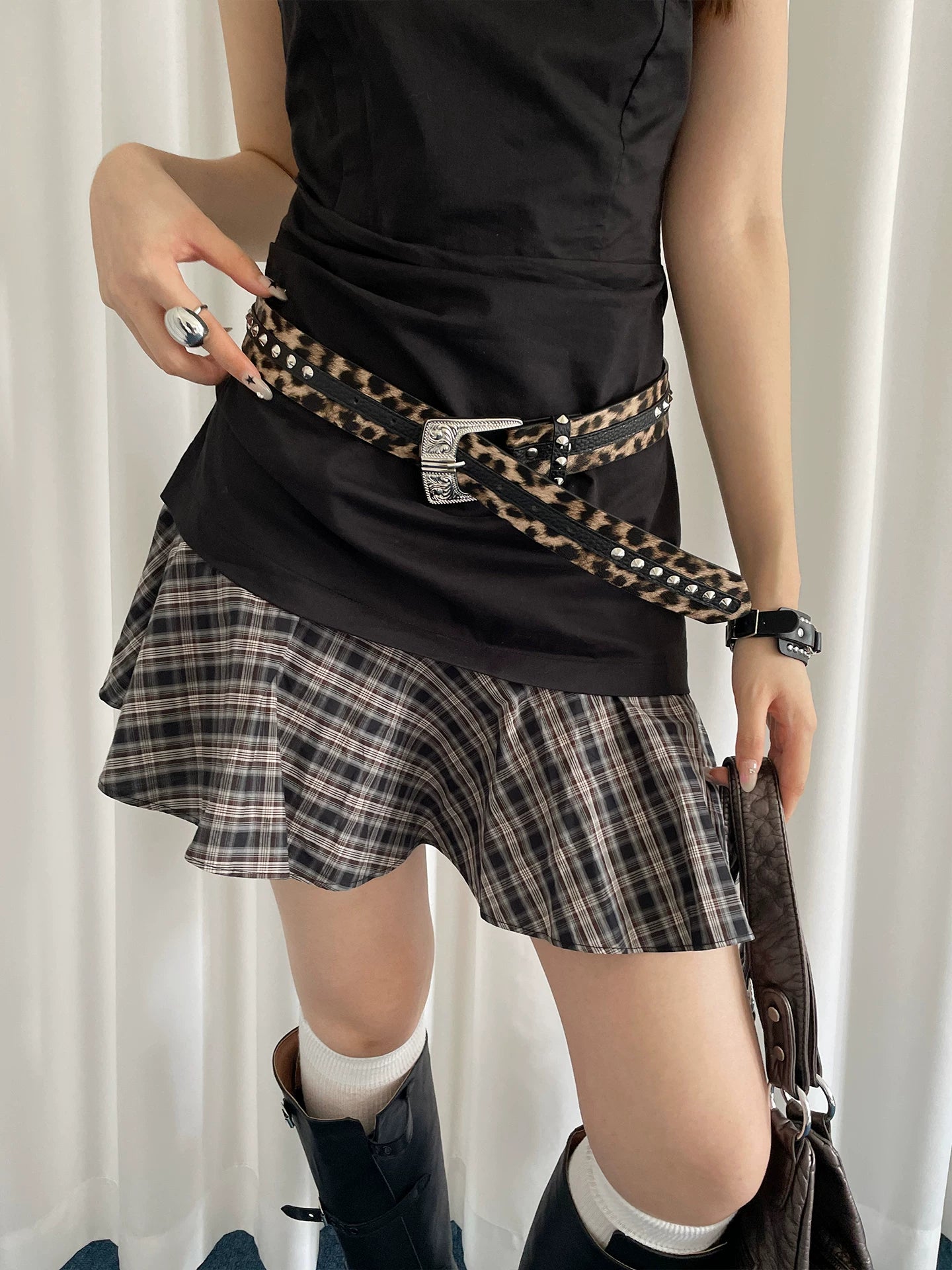 American Spice Girl Style Leopard Print Rivet Belt Women's 2026 with Skirt Jeans Belt Niche Splicing Wide Belt