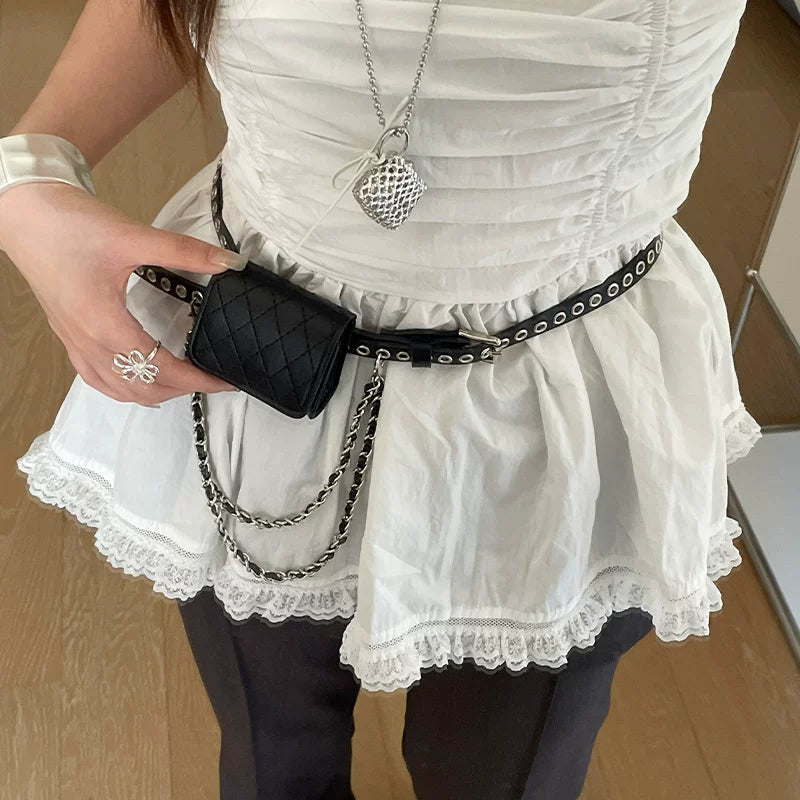 Korean style high-end no-drill belt chain waist bag accessory design jeans belt belt women's decorative hanging bag
