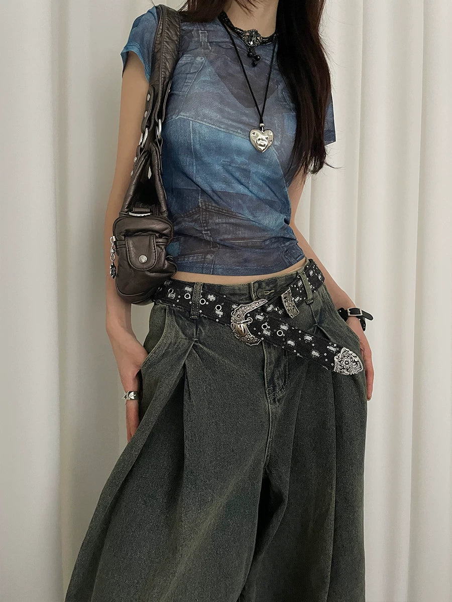 Retro denim design belt female personality y2k old American style with jeans belt decorative belt tide