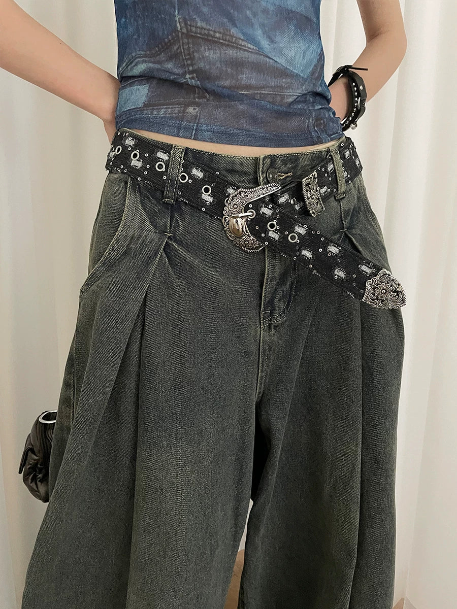 Retro denim design belt female personality y2k old American style with jeans belt decorative belt tide