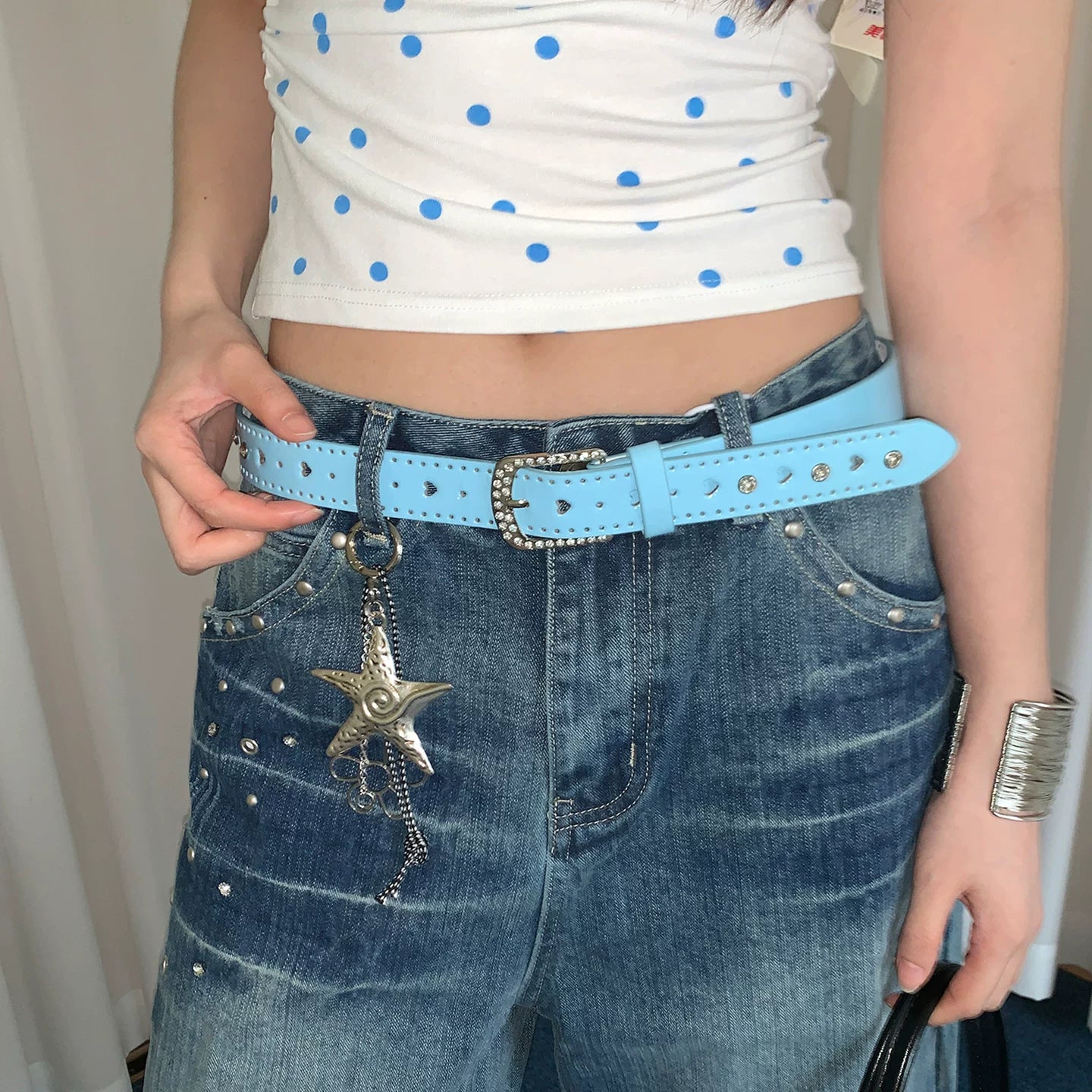 Blue millennial style y2k thin belt women's niche Spice Girl style with jeans belt, no punching punk style belt