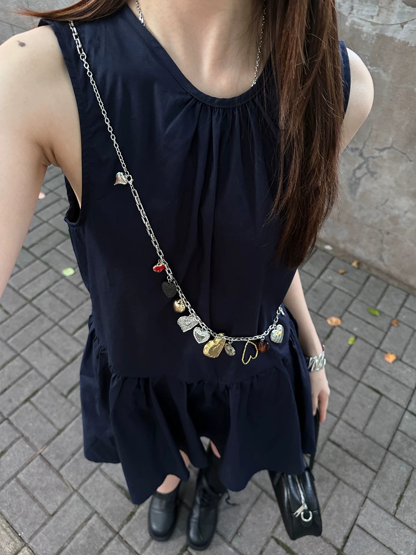 Vintage design multi-element heart waist chain for women, niche and unique, sweet and cool long necklace, versatile slimming belt trendy