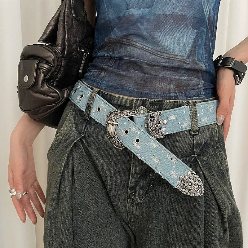 Retro denim design belt female personality y2k old American style with jeans belt decorative belt tide