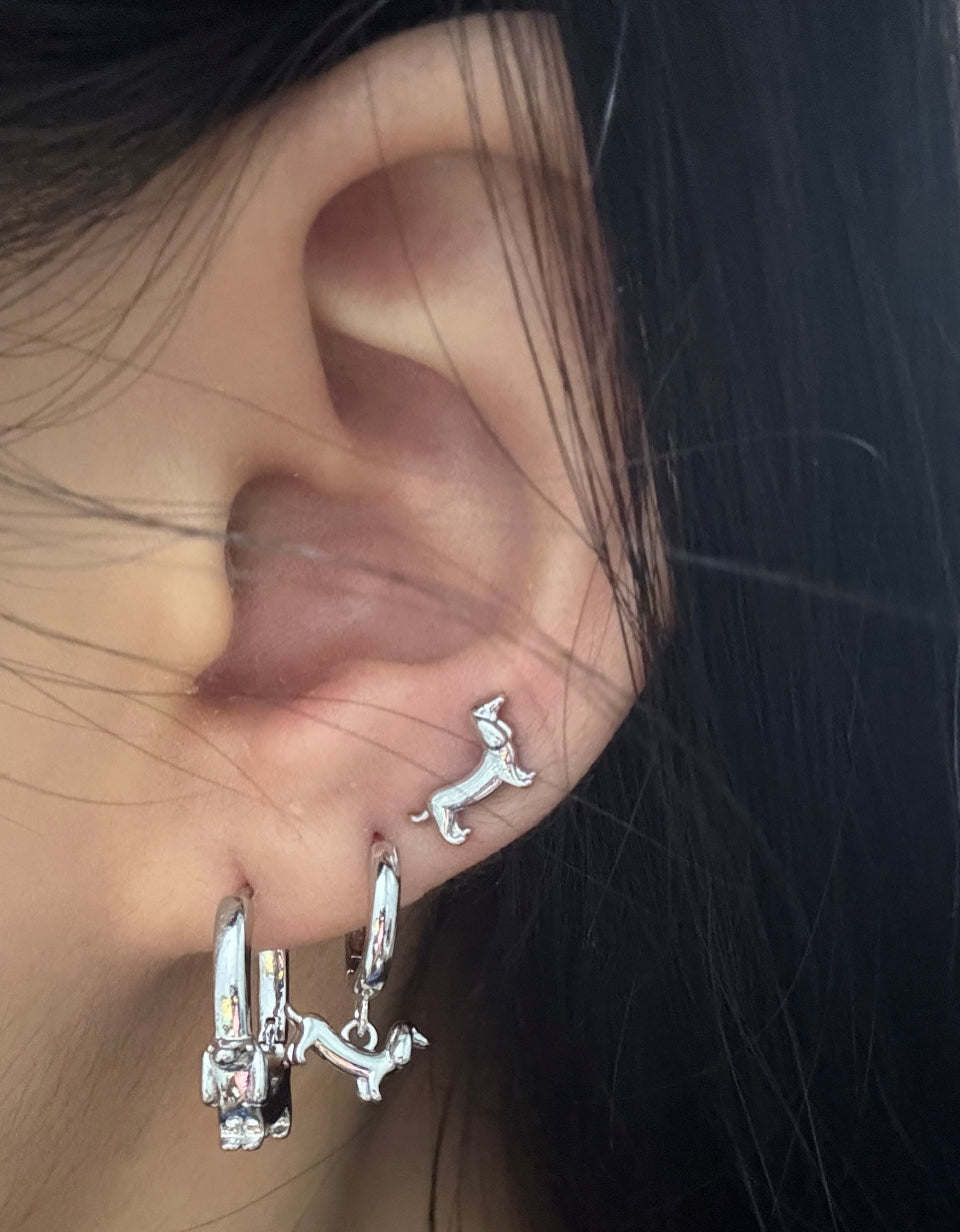 Silver Dachshund Stack Lobe Earrings