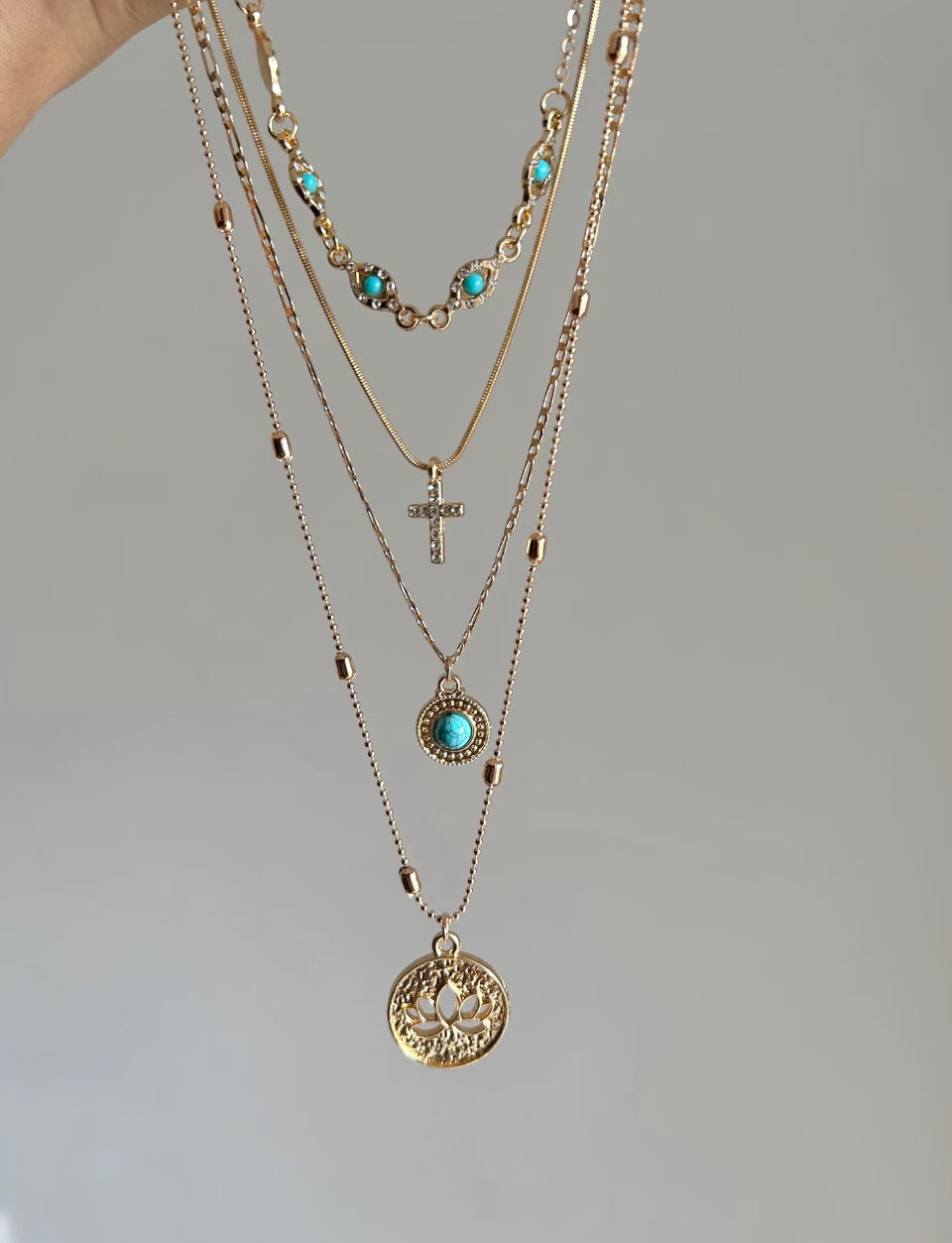Gold Turquoise Lotus Layered Necklace