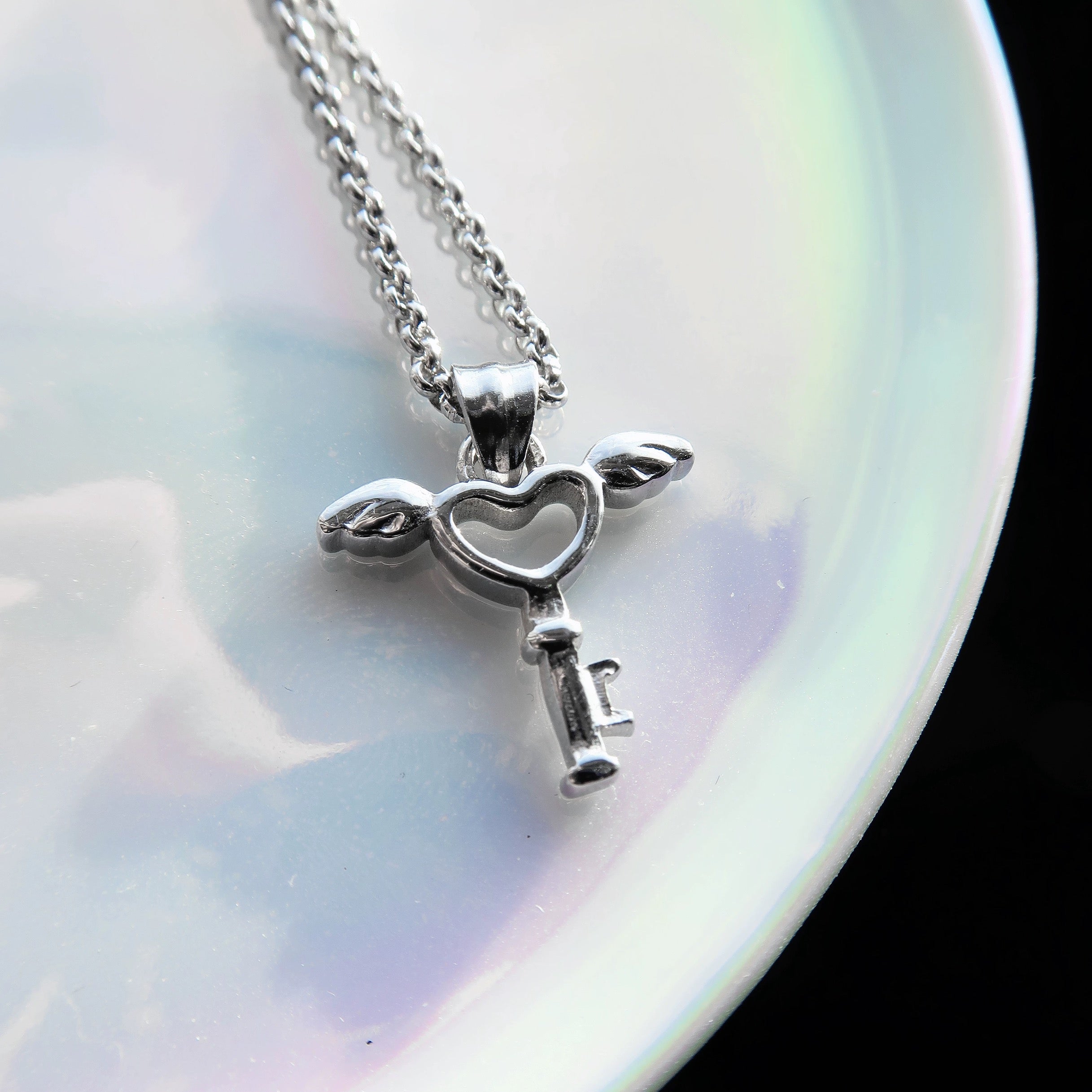 Silver Heart Key Wings Necklace