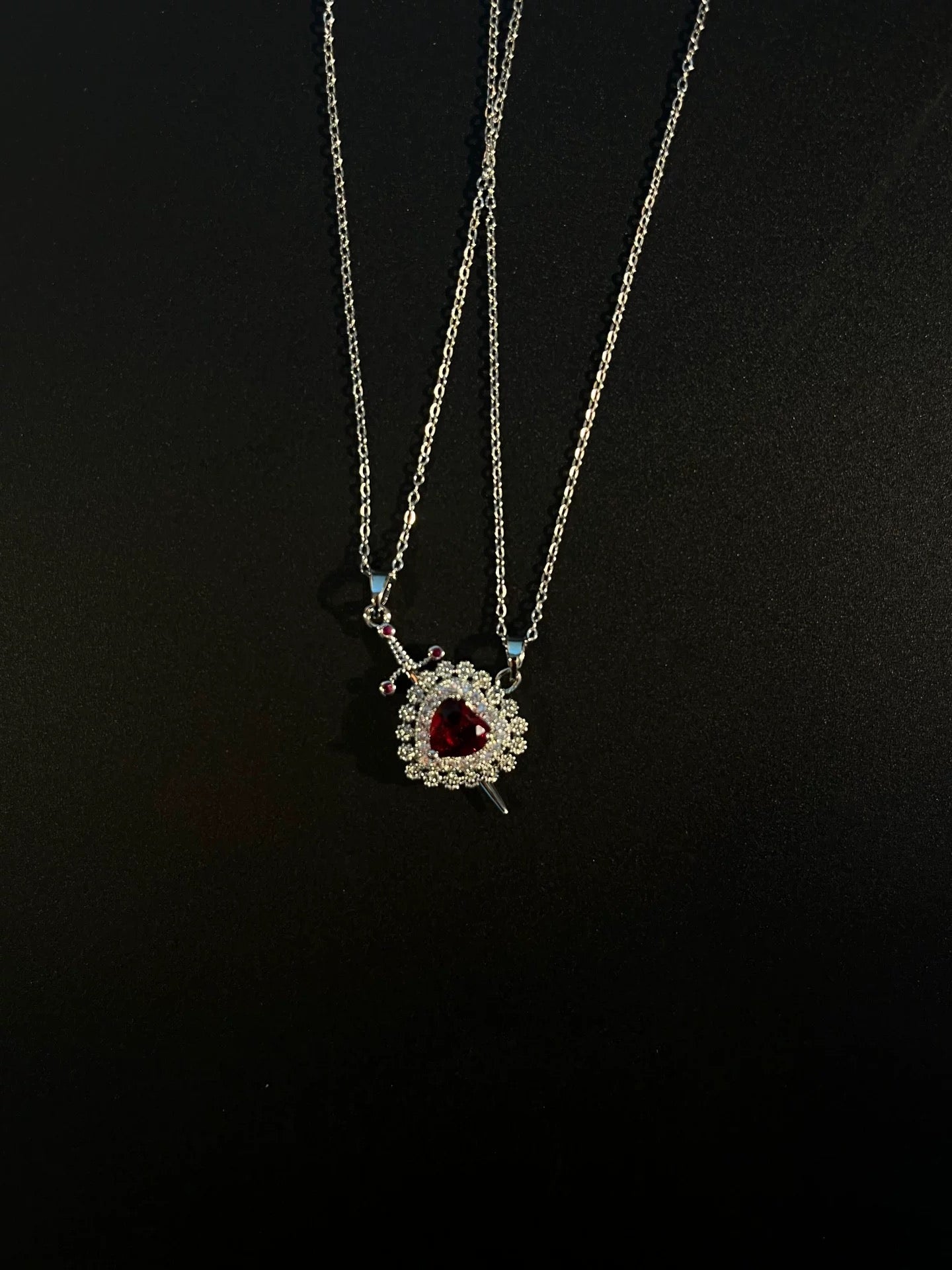 Silver Crimson Heart Sword Necklace