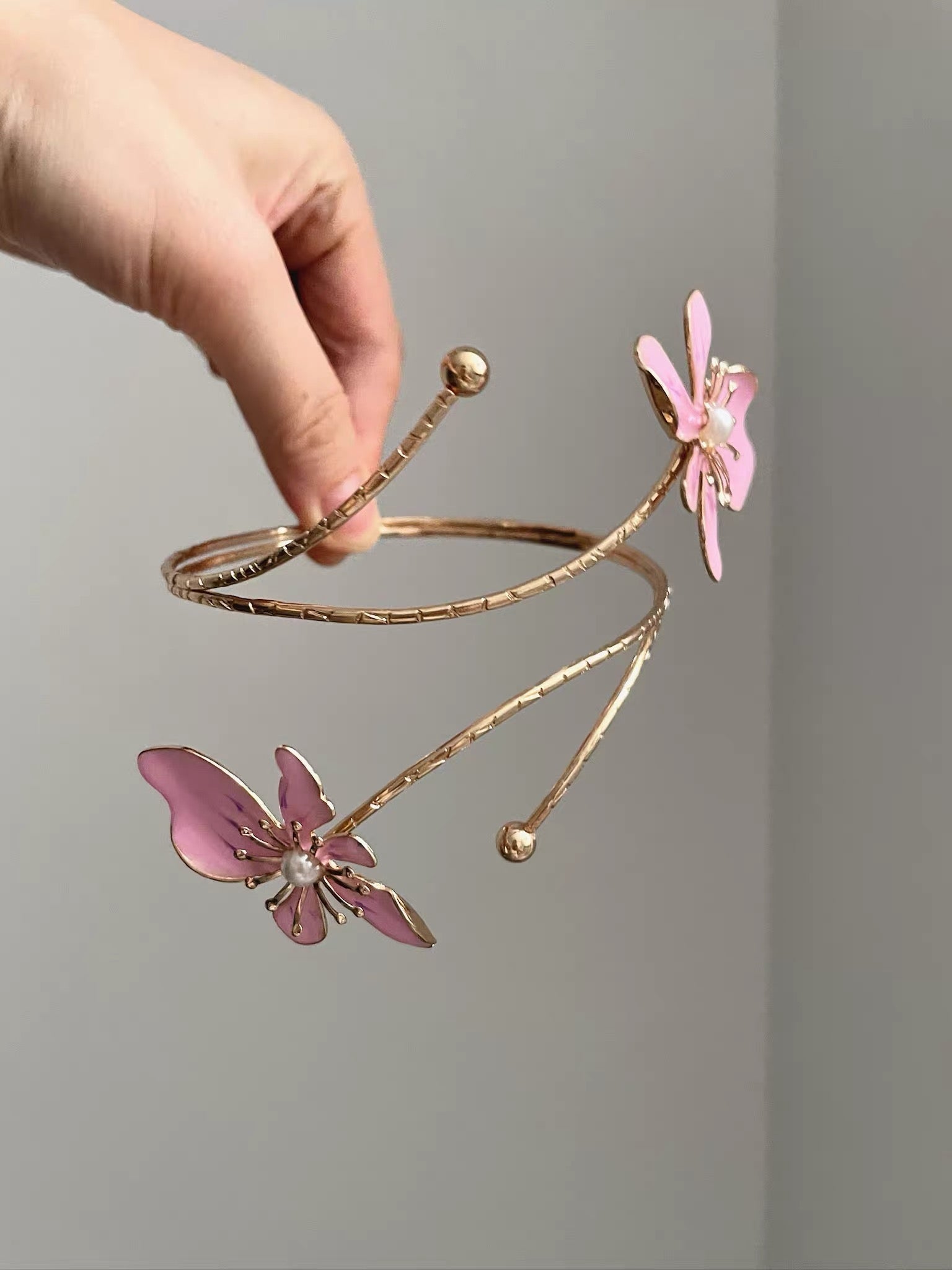 Gold Pink Flower Pearl Arm Cuffs
