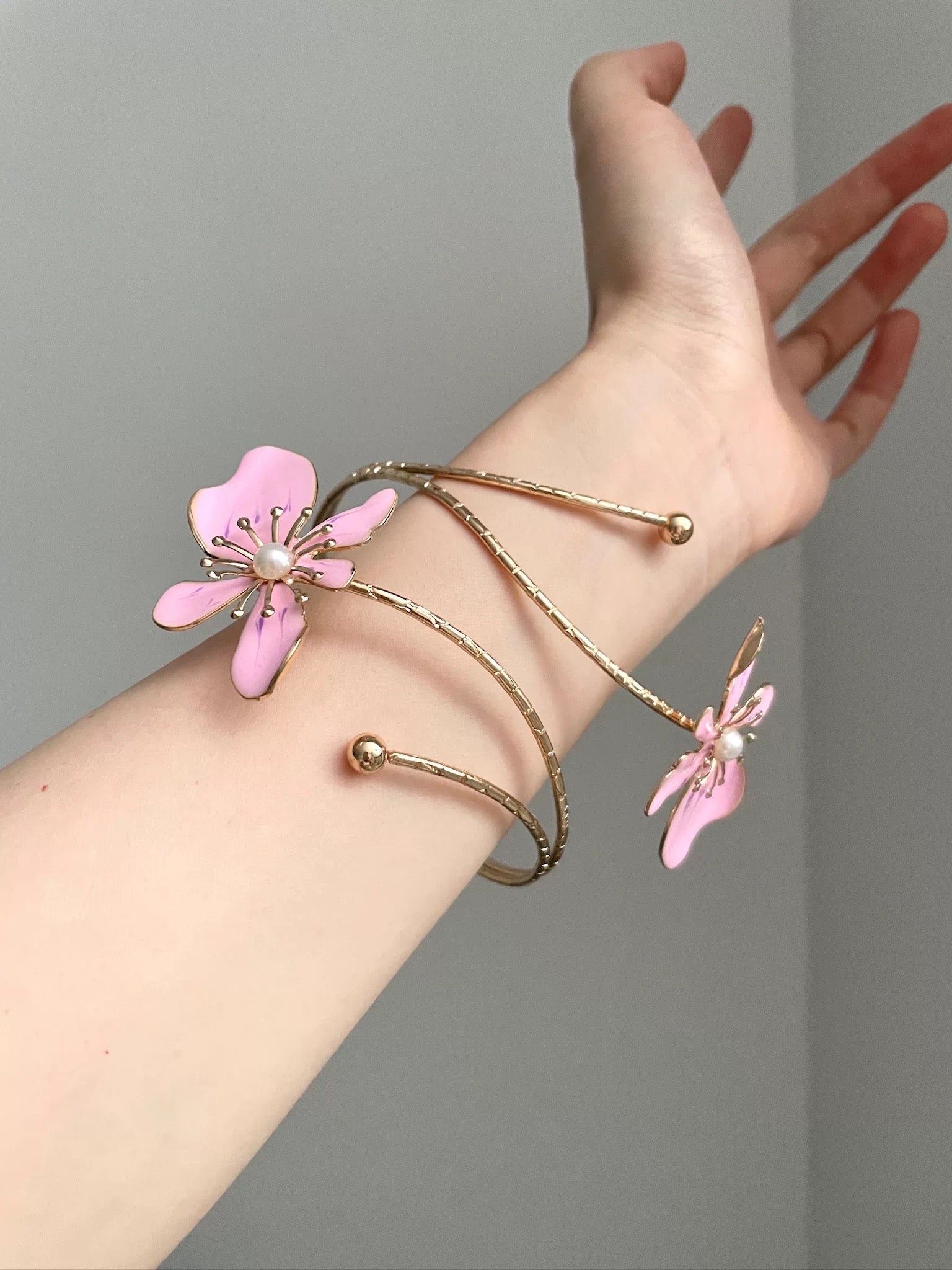 Gold Pink Flower Pearl Arm Cuffs