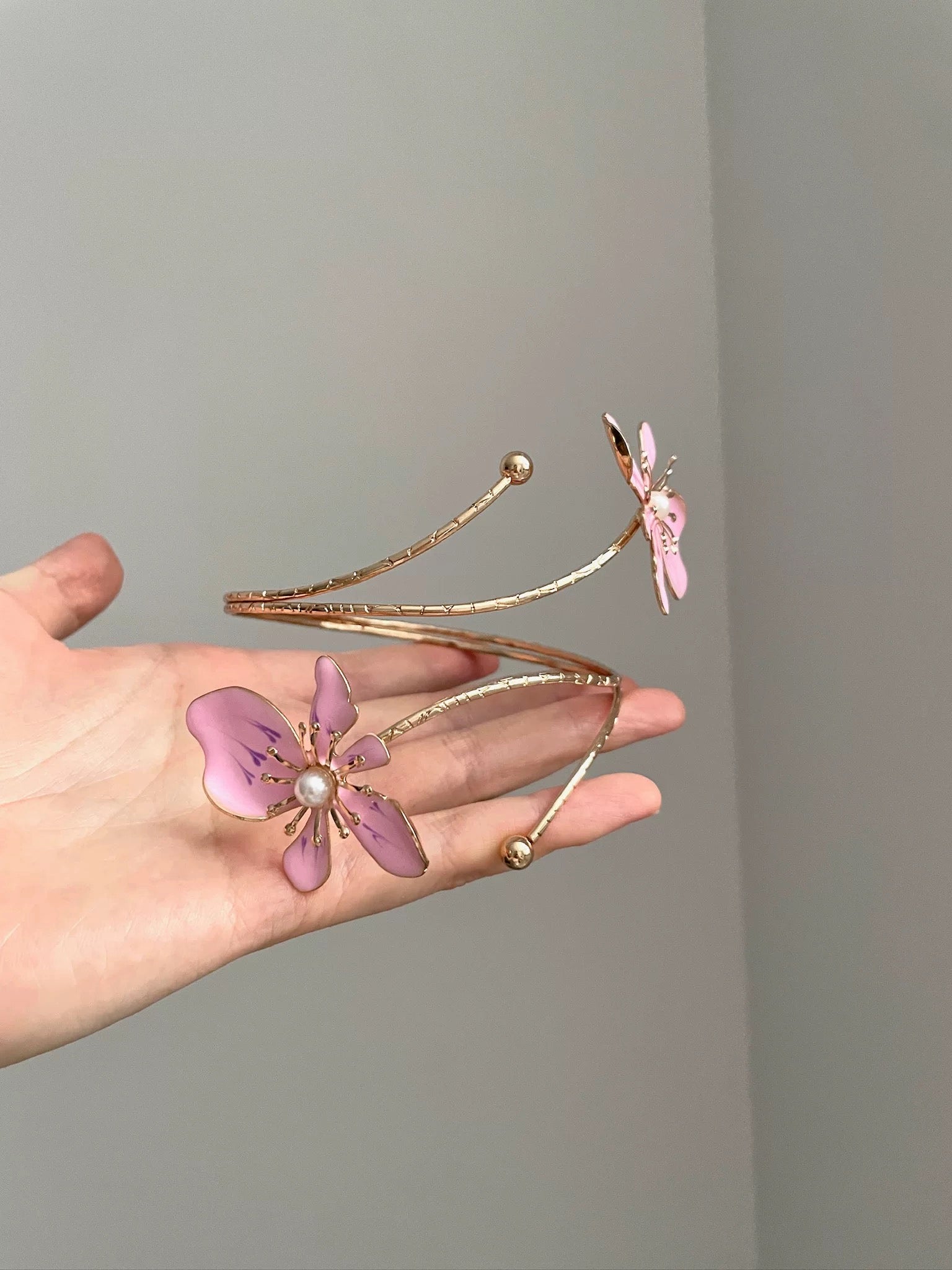 Gold Pink Flower Pearl Arm Cuffs