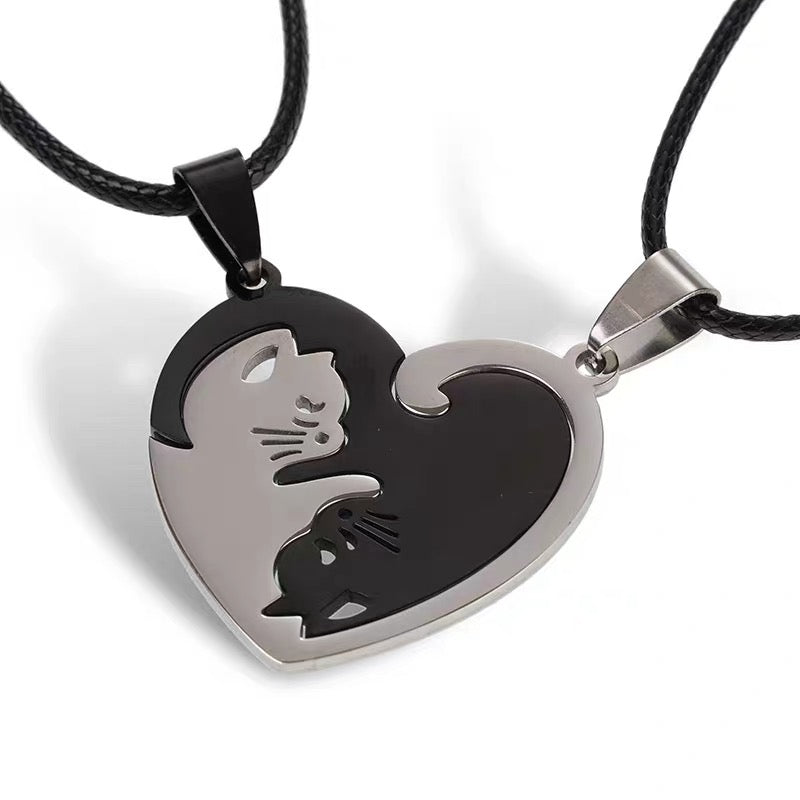 Black Silver Twin Cat Heart Necklace