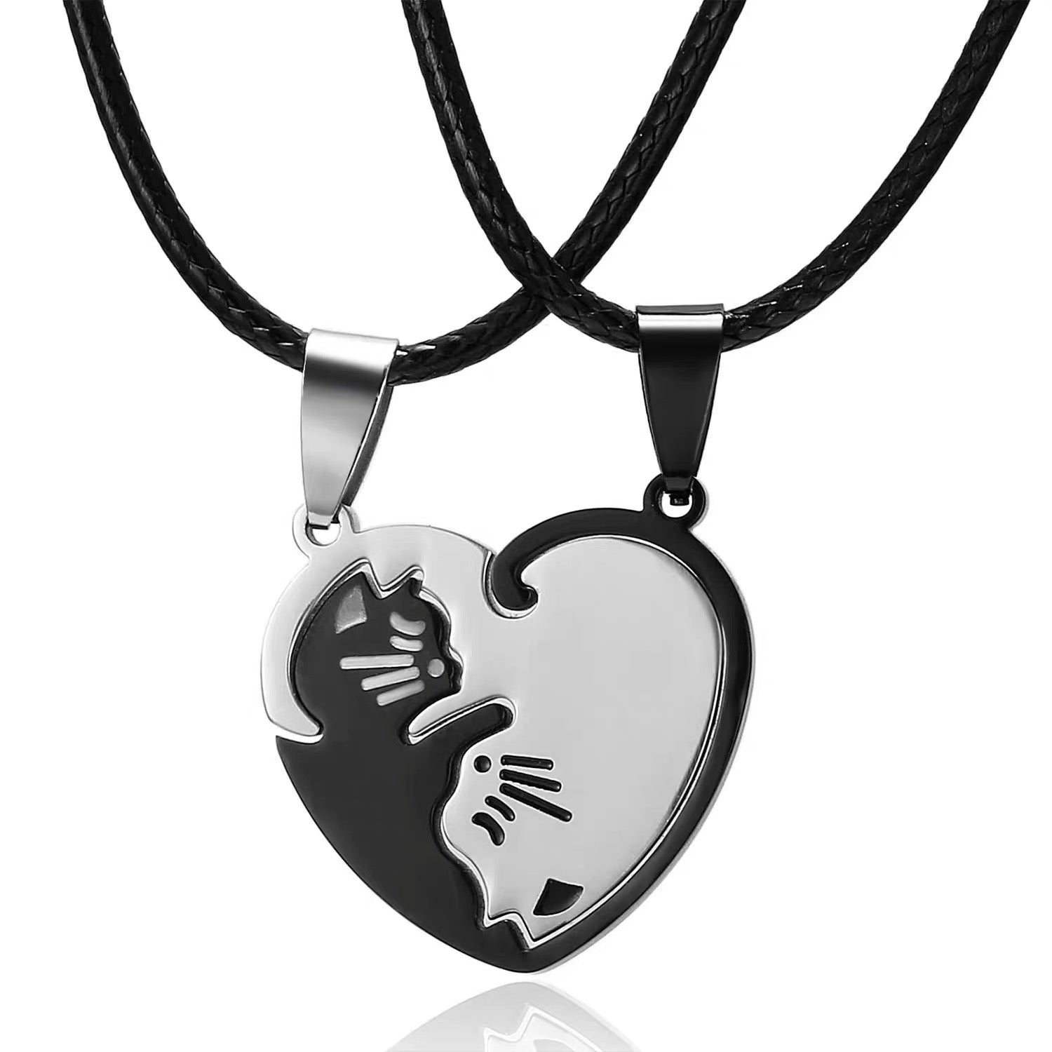Black Silver Twin Cat Heart Necklace