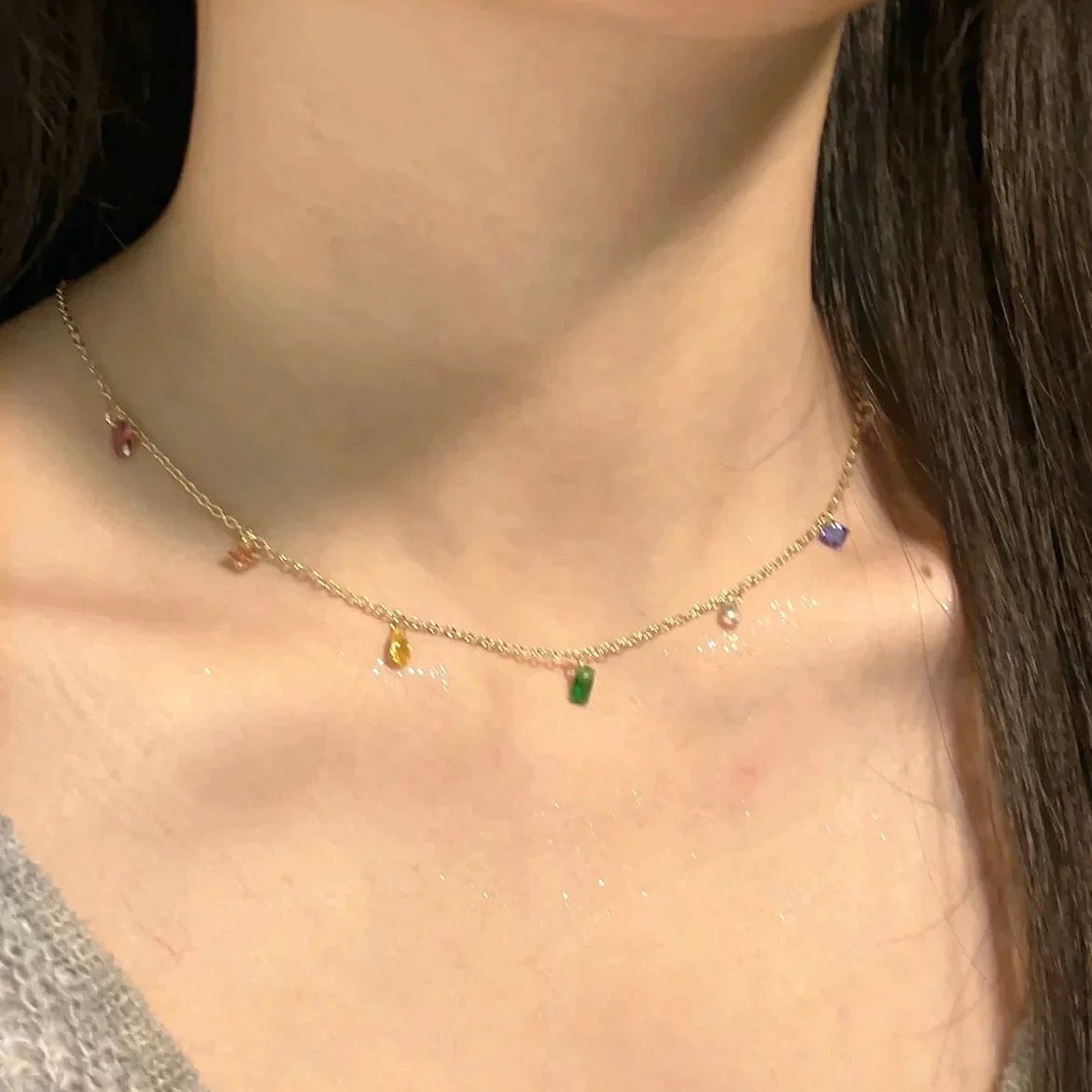 Gold Multi Crystal Drop Charm Necklace