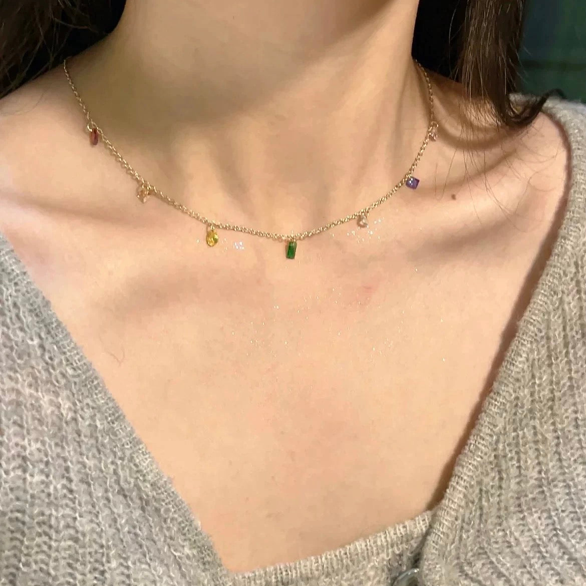 Gold Multi Crystal Drop Charm Necklace