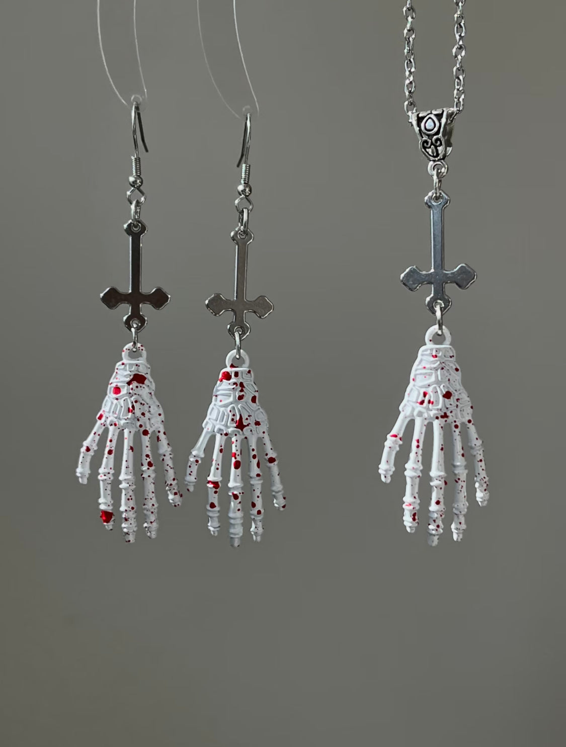 Bloody Skeleton Hand & Inverted Cross Necklace