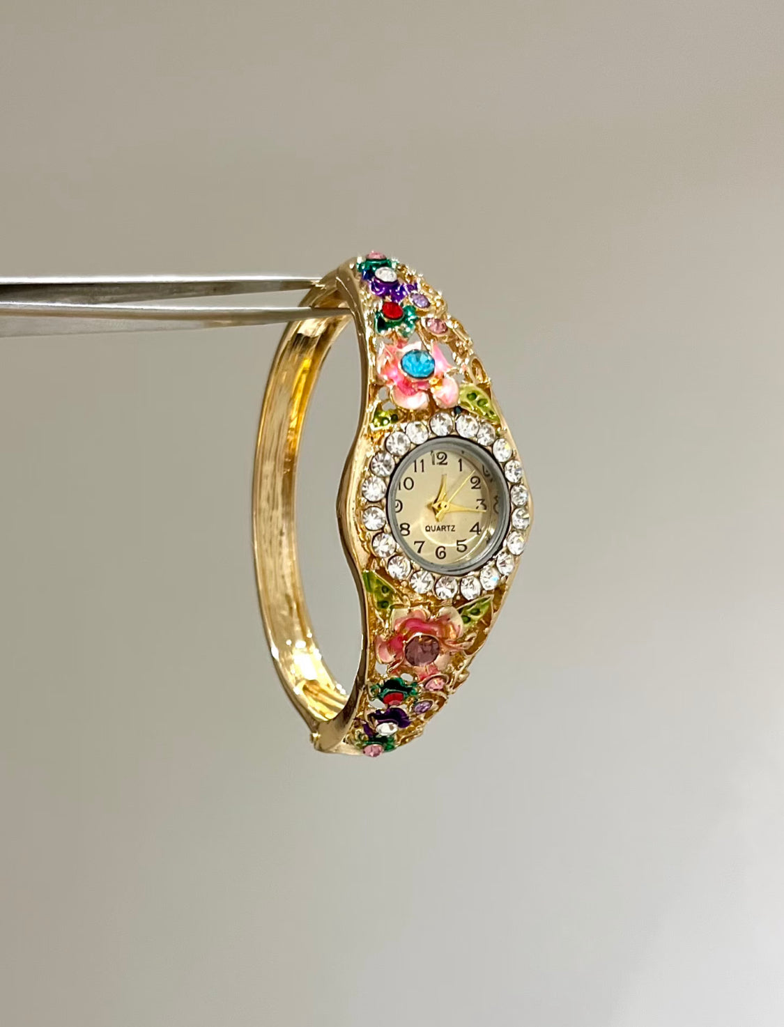 Vintage-Style Floral Enamel Bangle Watch