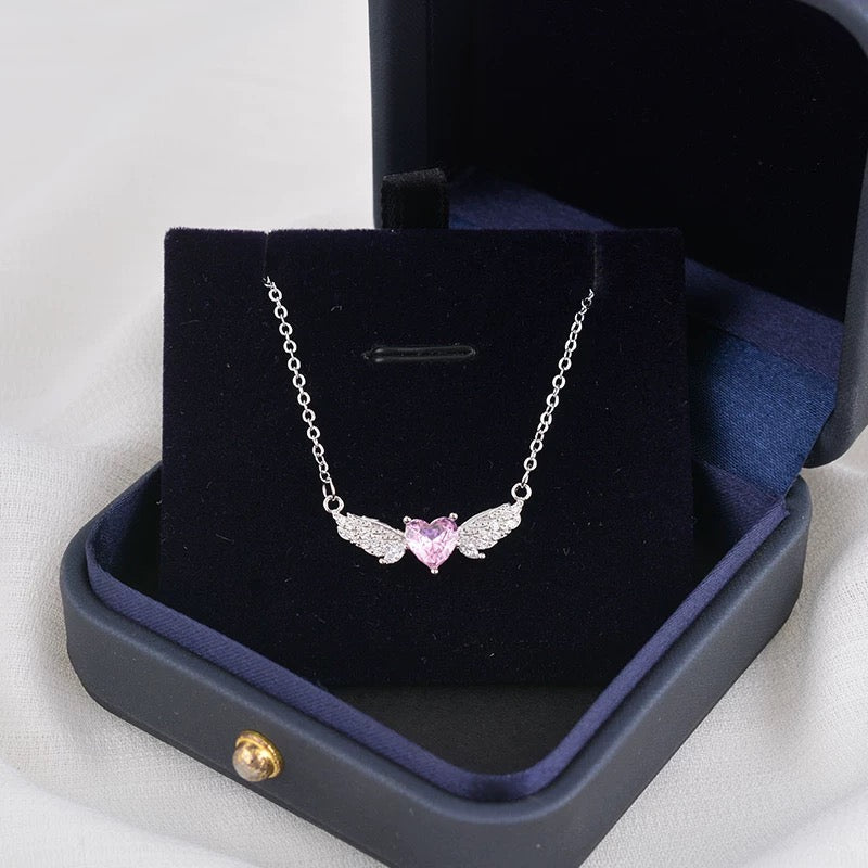 Pink Heart Angel Wing Necklace