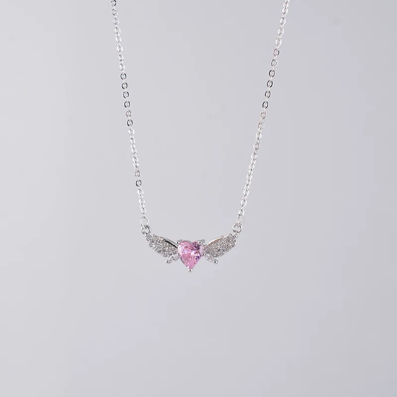 Pink Heart Angel Wing Necklace