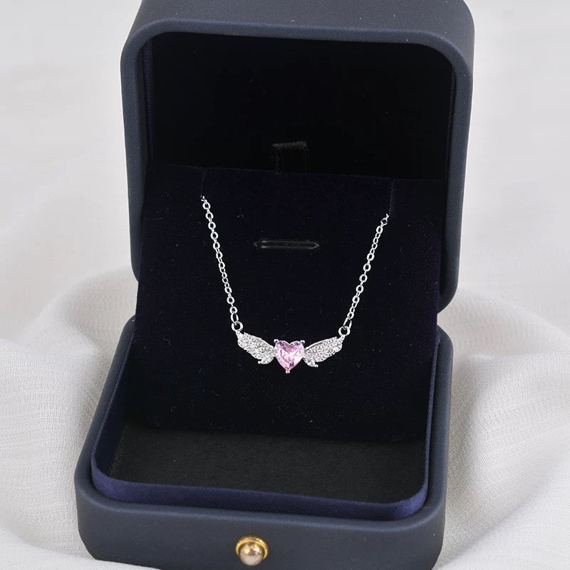 Pink Heart Angel Wing Necklace
