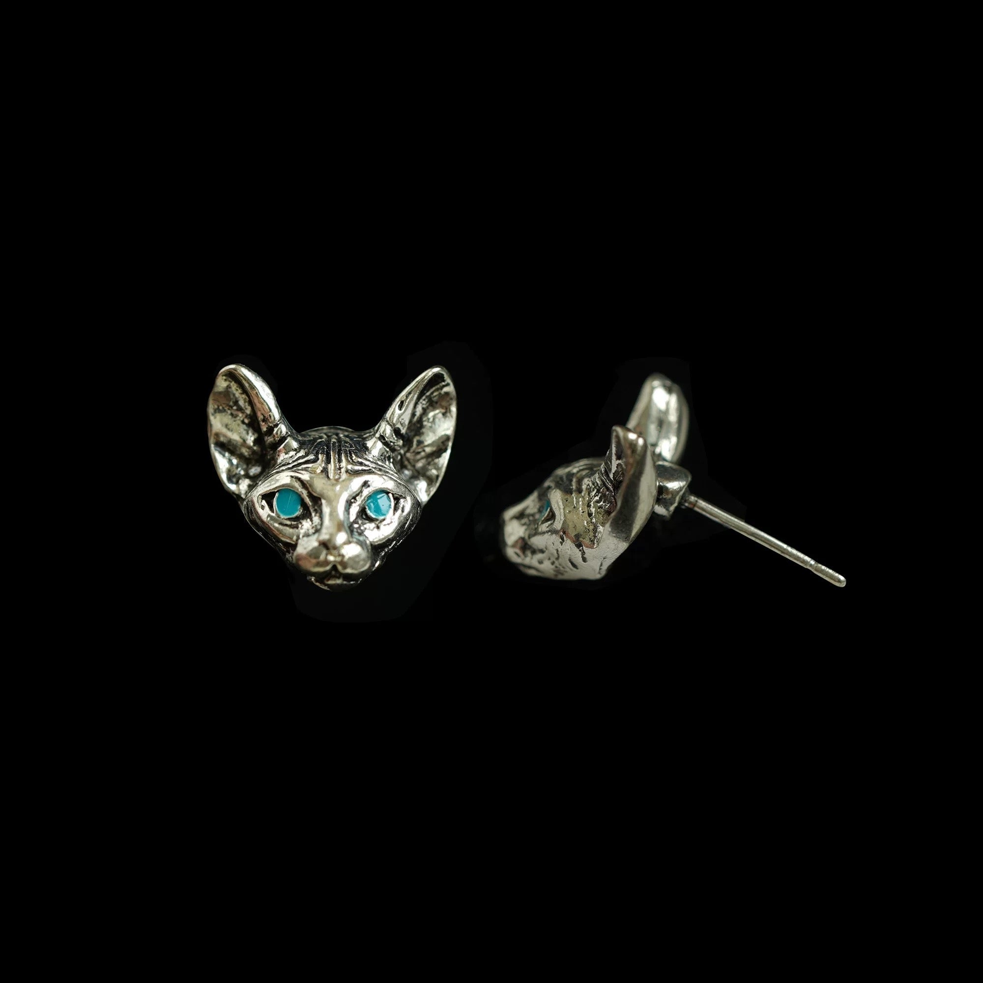 Silver Sphinx Cat Teal Eye Earrings