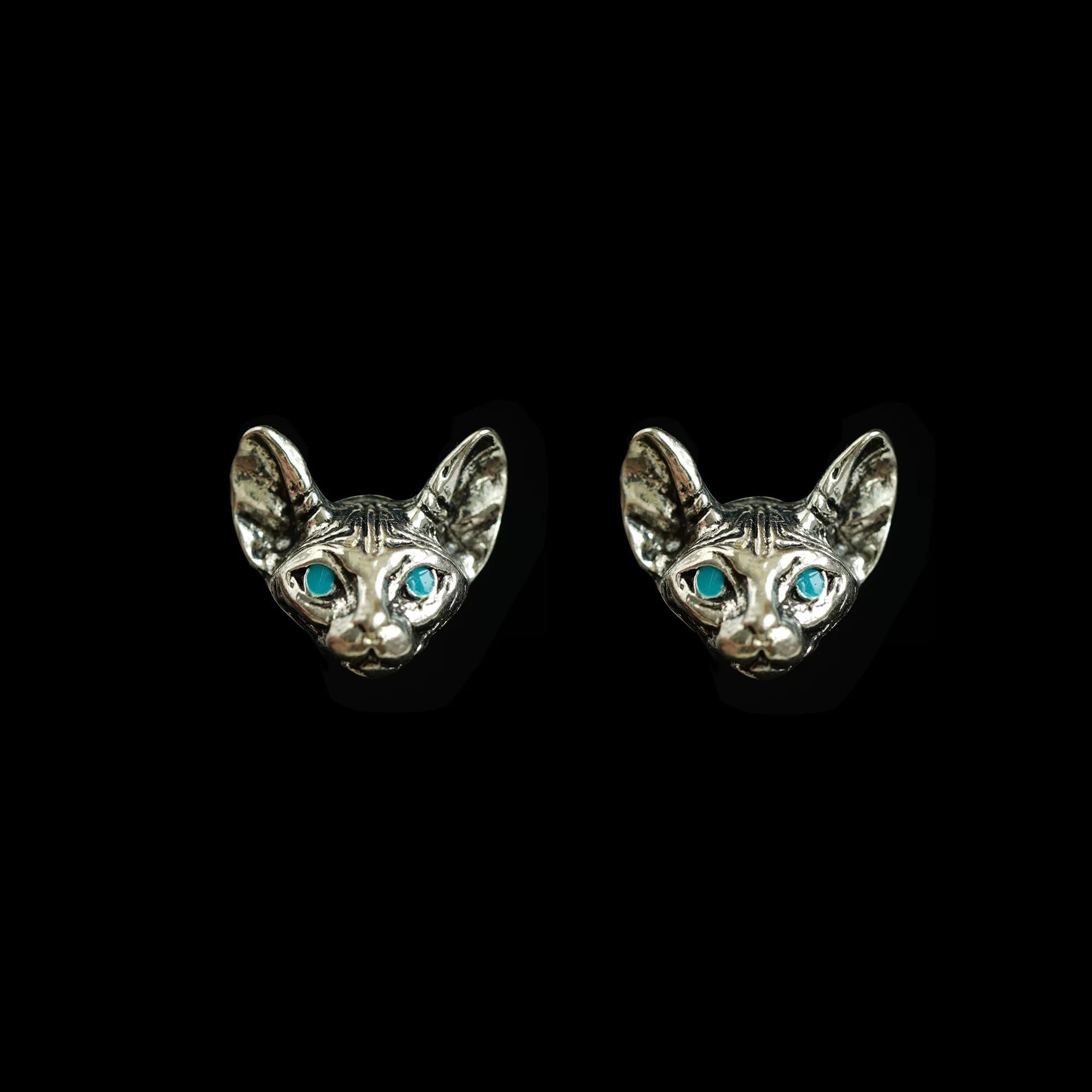 Silver Sphinx Cat Teal Eye Earrings