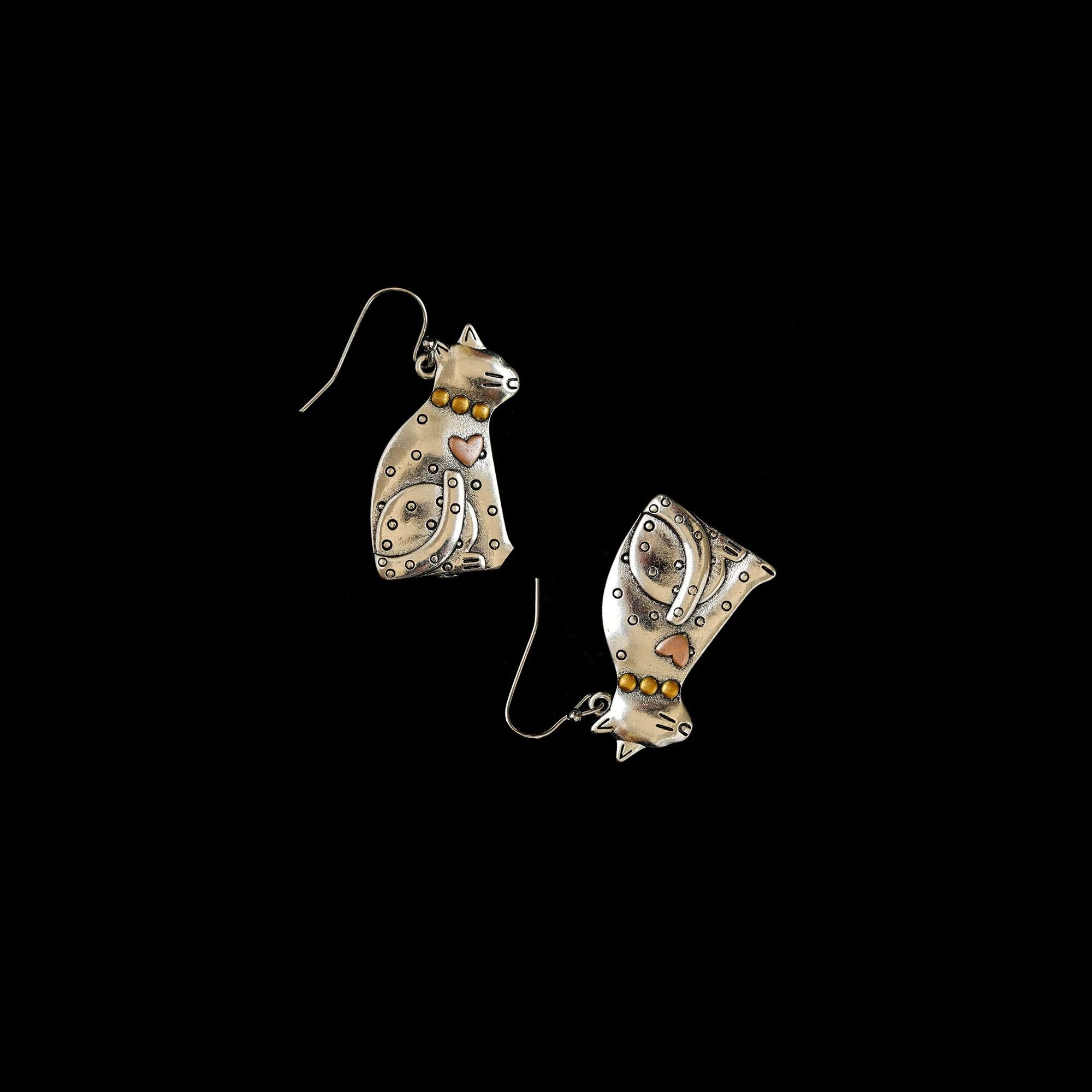 Antique Silver Folk Cat Drop Earrings