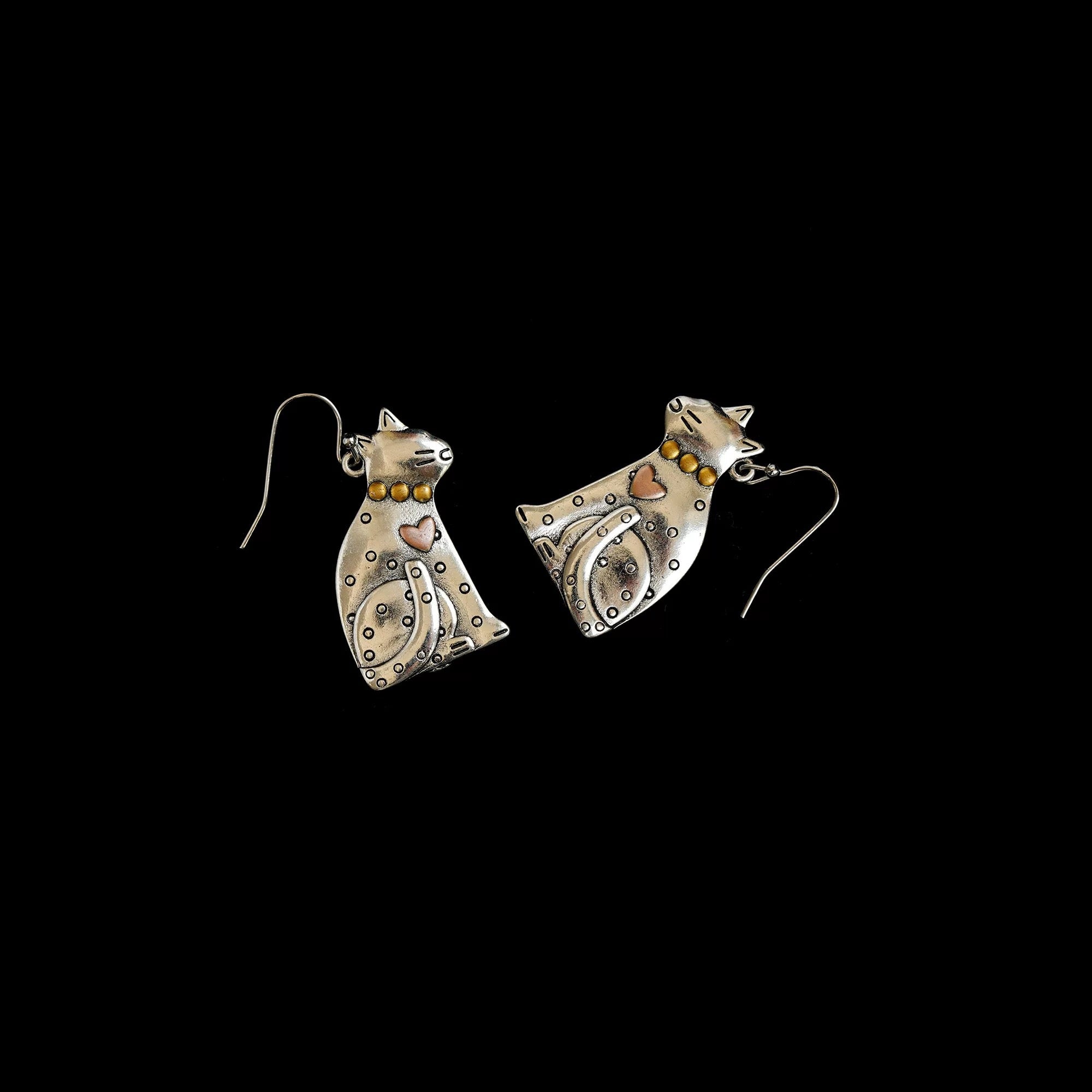 Antique Silver Folk Cat Drop Earrings